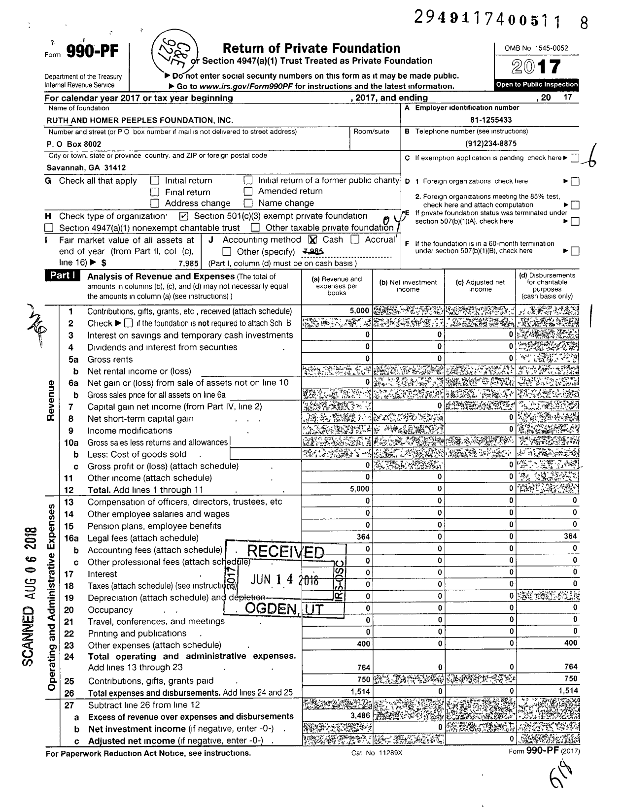 Image of first page of 2017 Form 990PF for Ruth and Homer Peeples Foundation