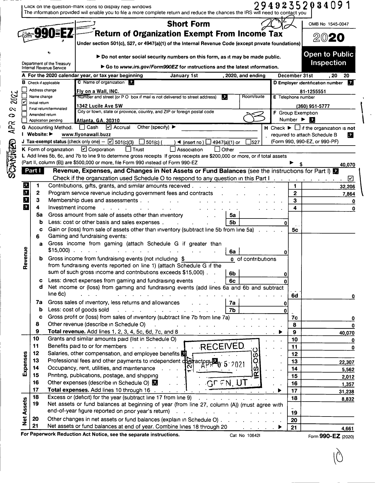 Image of first page of 2020 Form 990EZ for Fly on A Wall