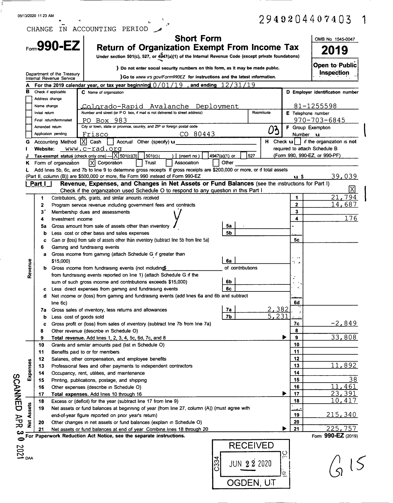 Image of first page of 2019 Form 990EZ for Colorado-Rapid Avalanche Deployment