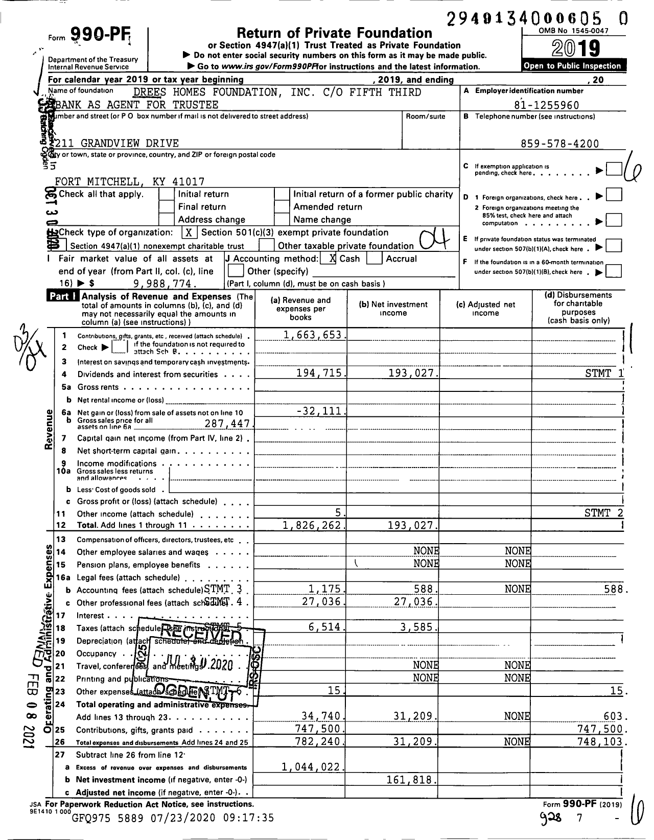Image of first page of 2019 Form 990PF for Drees Homes Foundation
