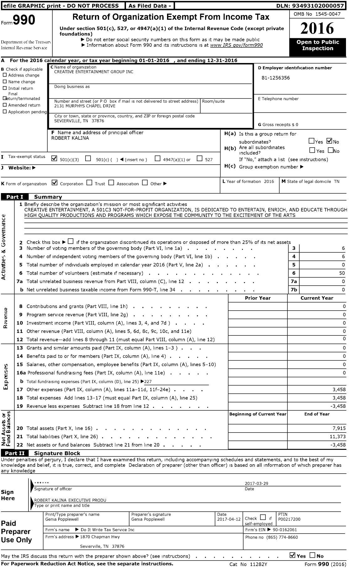 Image of first page of 2016 Form 990 for Creative Entertainment Group