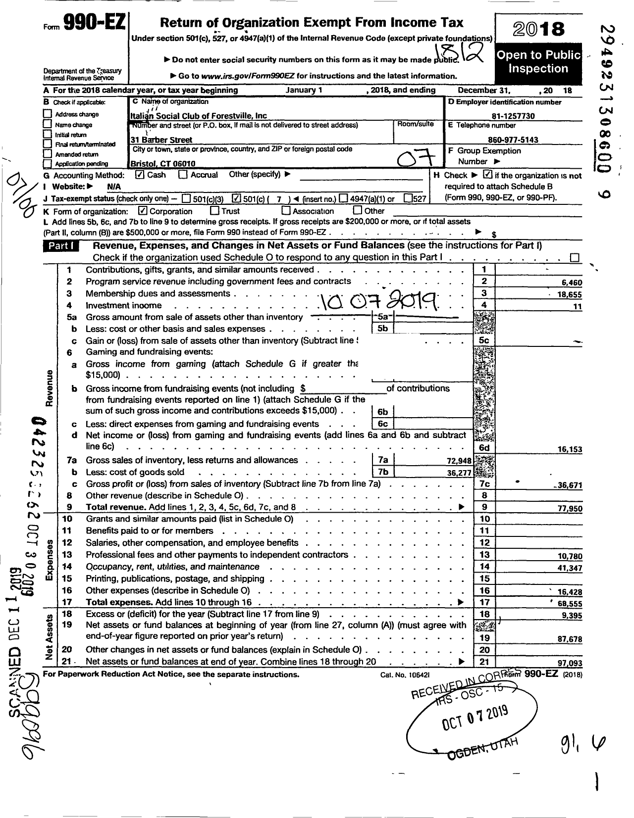 Image of first page of 2018 Form 990EO for Italian Social Club of Forestville