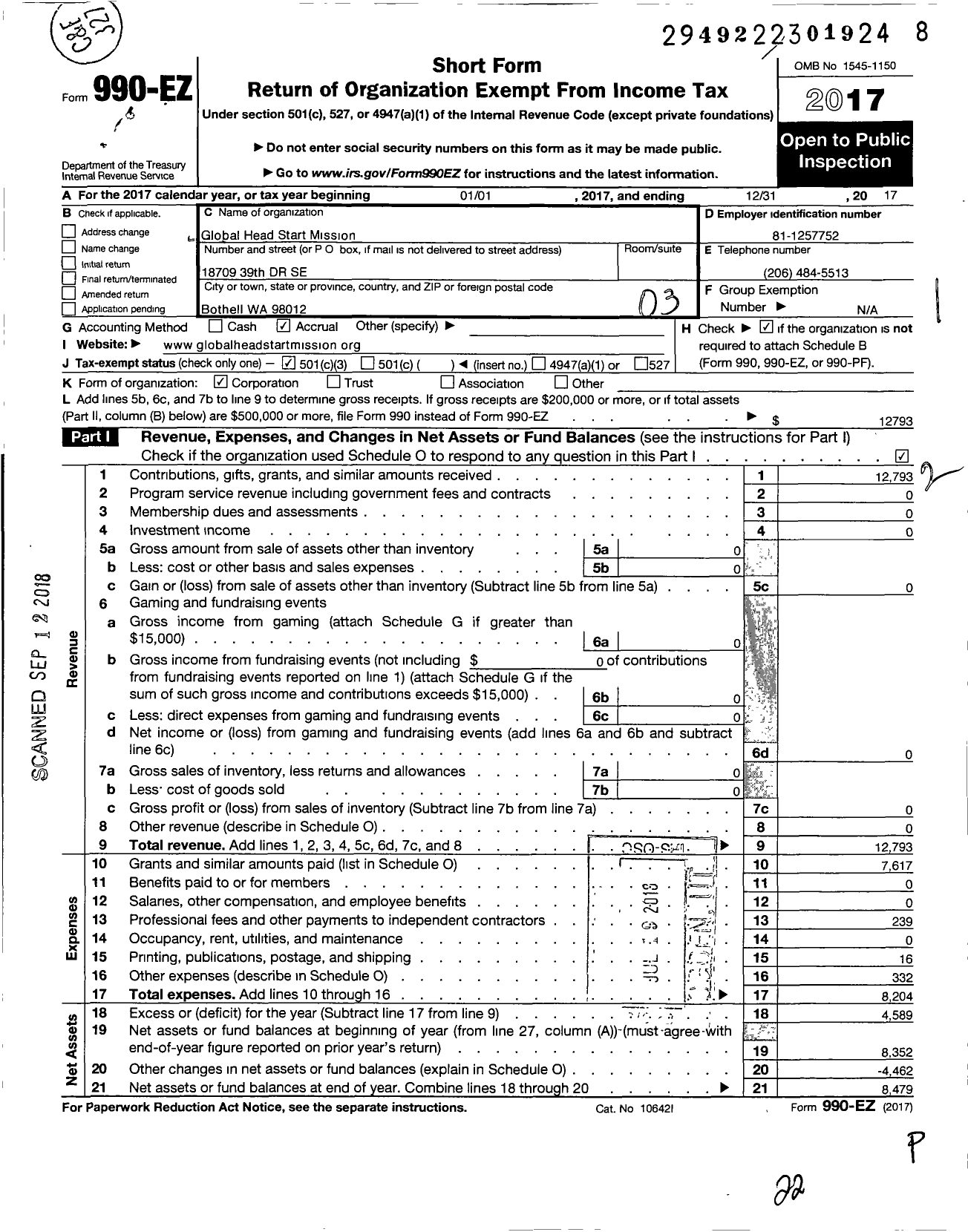 Image of first page of 2017 Form 990EZ for Global Head Start Mission