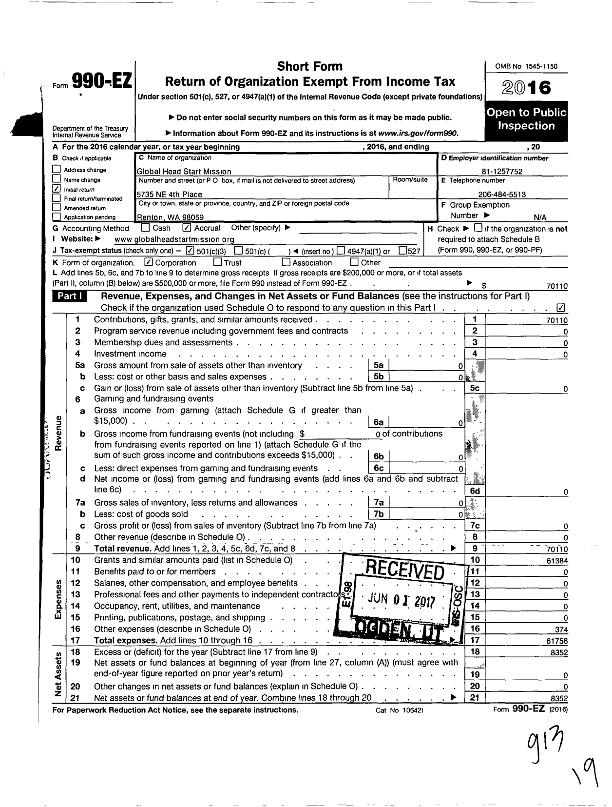 Image of first page of 2016 Form 990EZ for Global Head Start Mission