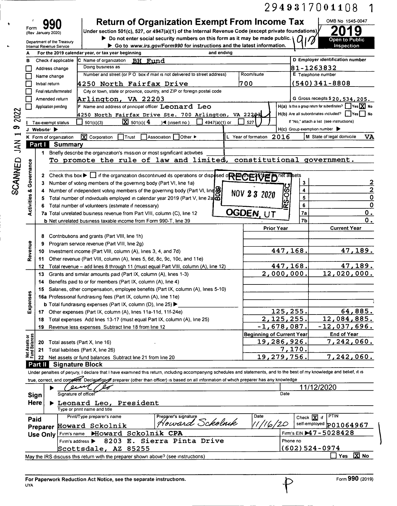 Image of first page of 2019 Form 990O for BH Fund