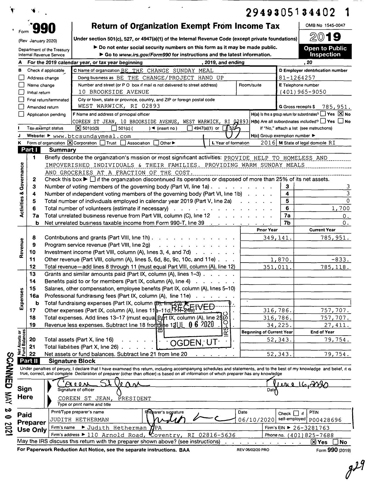 Image of first page of 2019 Form 990 for Project Hand Up