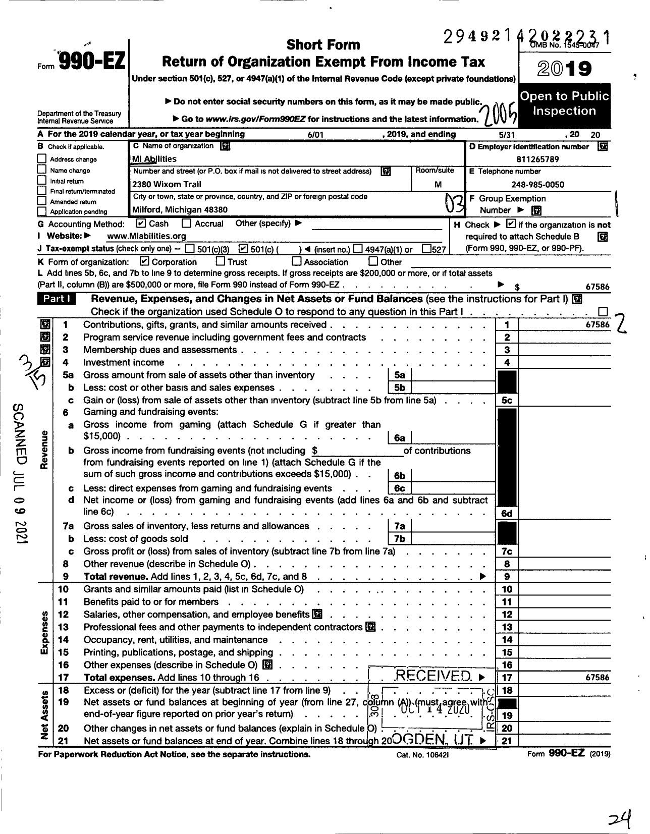 Image of first page of 2019 Form 990EZ for Mi Abilities