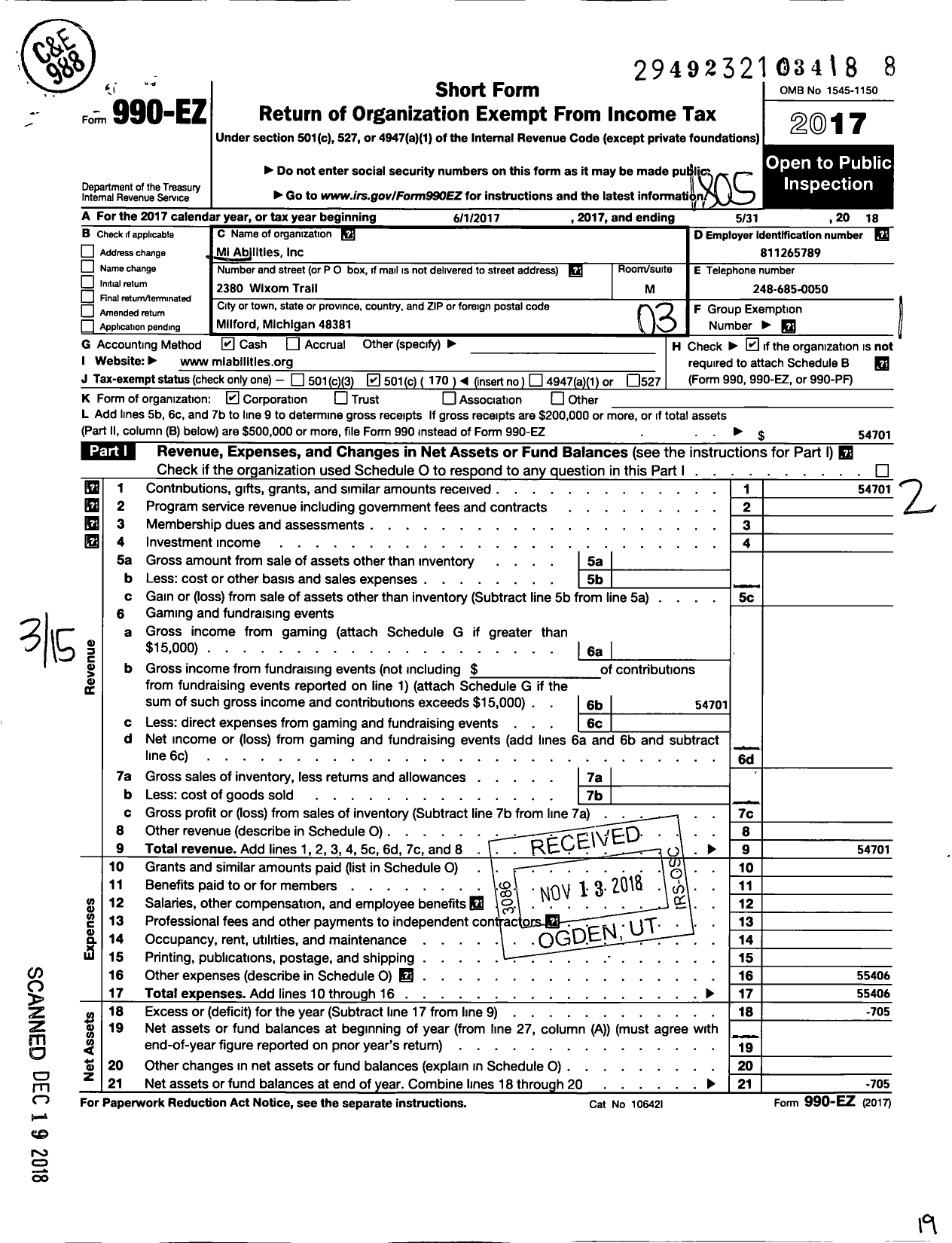 Image of first page of 2017 Form 990EZ for Mi Abilities