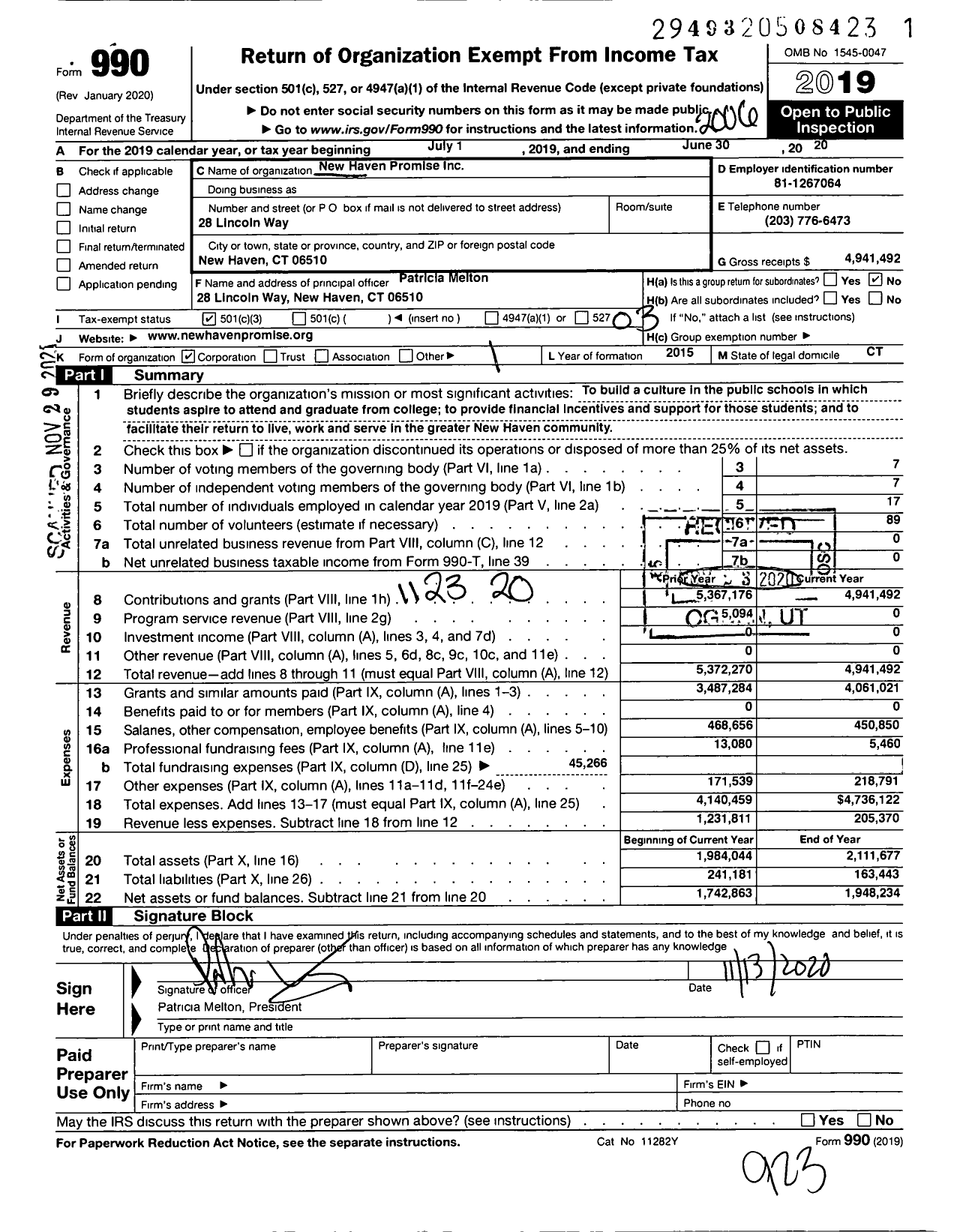 Image of first page of 2019 Form 990 for New Haven Promise