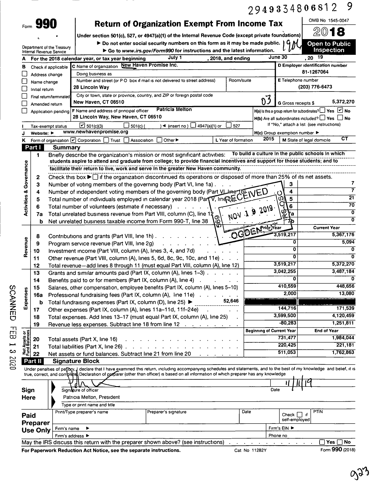 Image of first page of 2018 Form 990 for New Haven Promise