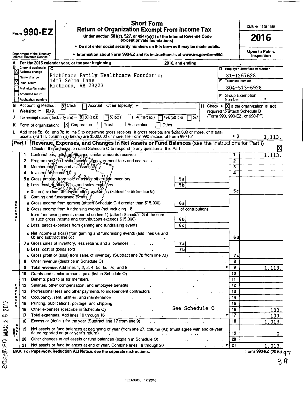 Image of first page of 2016 Form 990EZ for RichGrace Family Healthcare Foundation