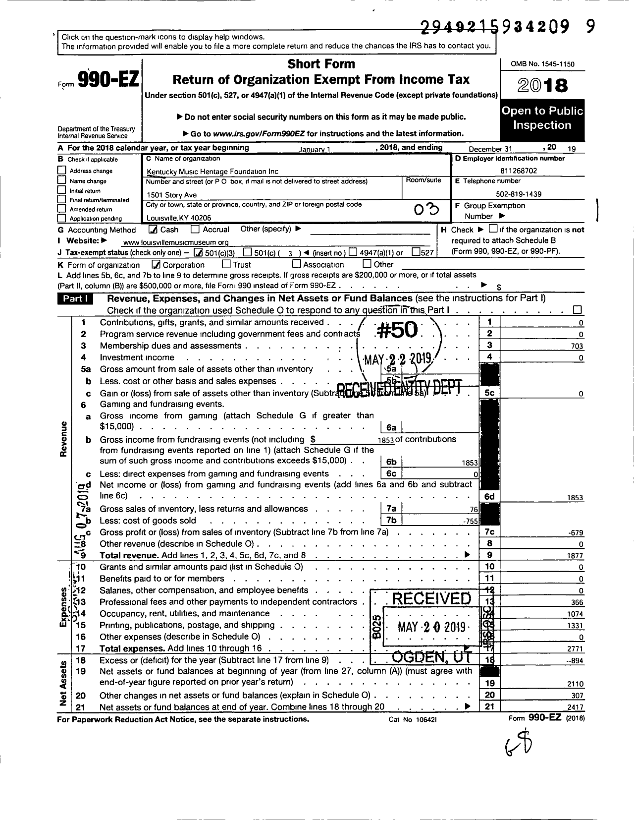 Image of first page of 2019 Form 990EZ for Kentucky Music Heritage Foundation