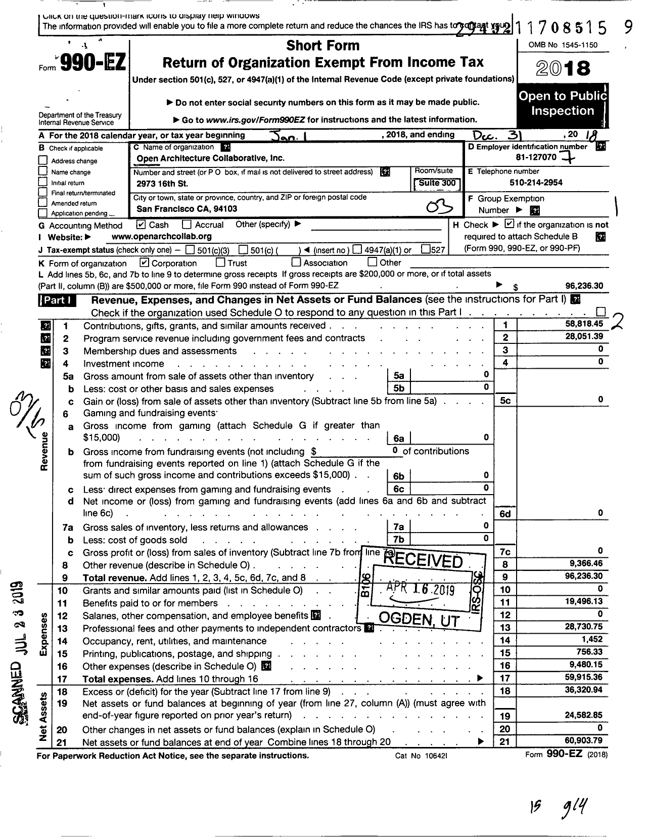 Image of first page of 2018 Form 990EZ for Open Architecture Collaborative