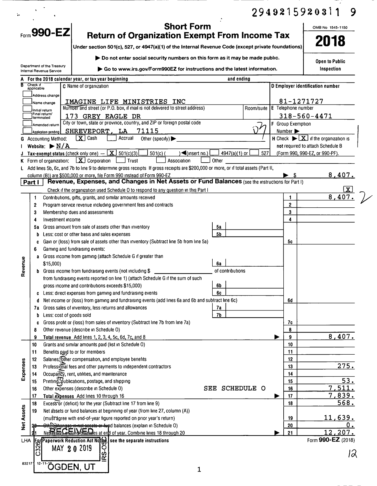 Image of first page of 2018 Form 990EZ for Imagine Life Ministries