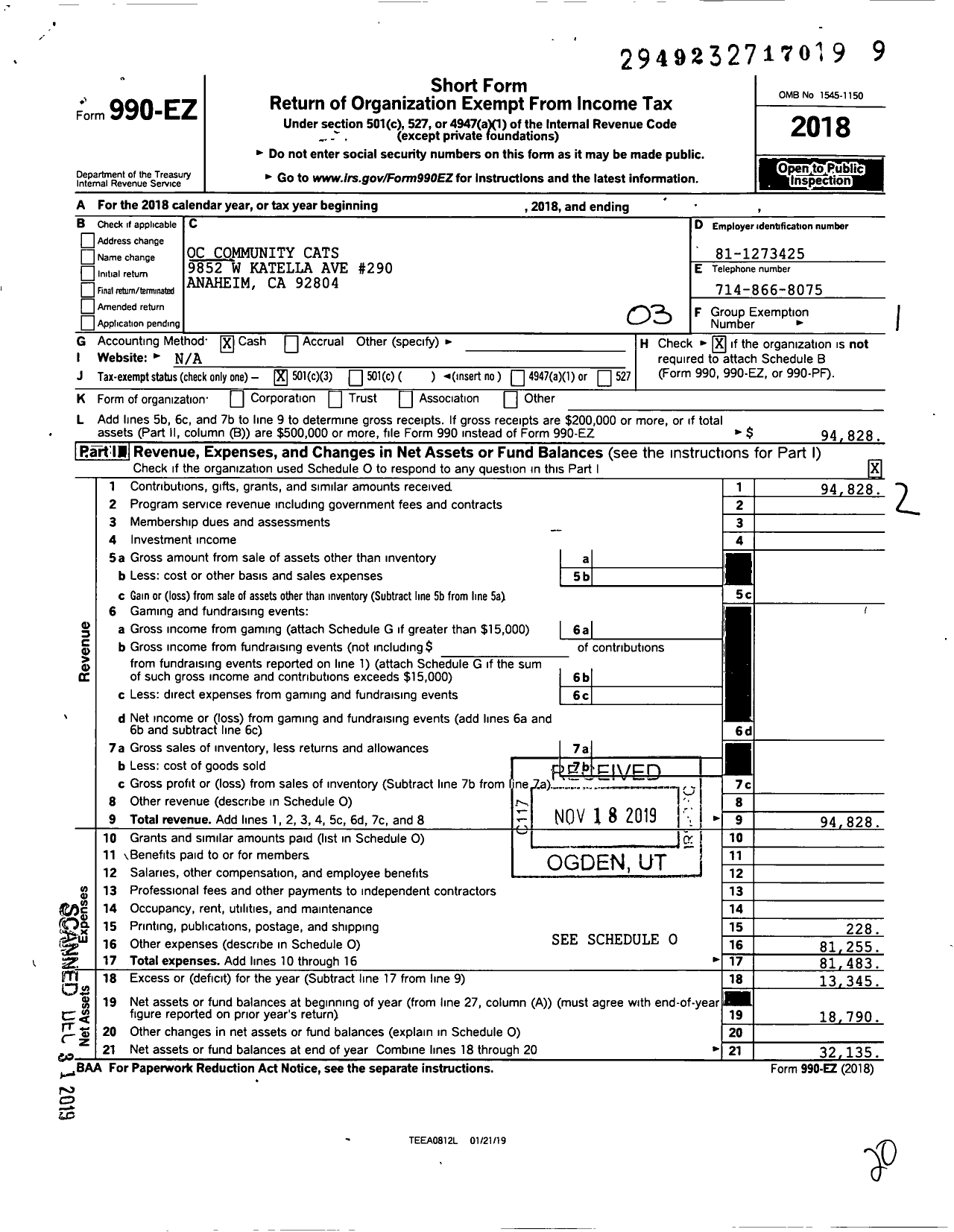 Image of first page of 2018 Form 990EZ for OC Community Cats