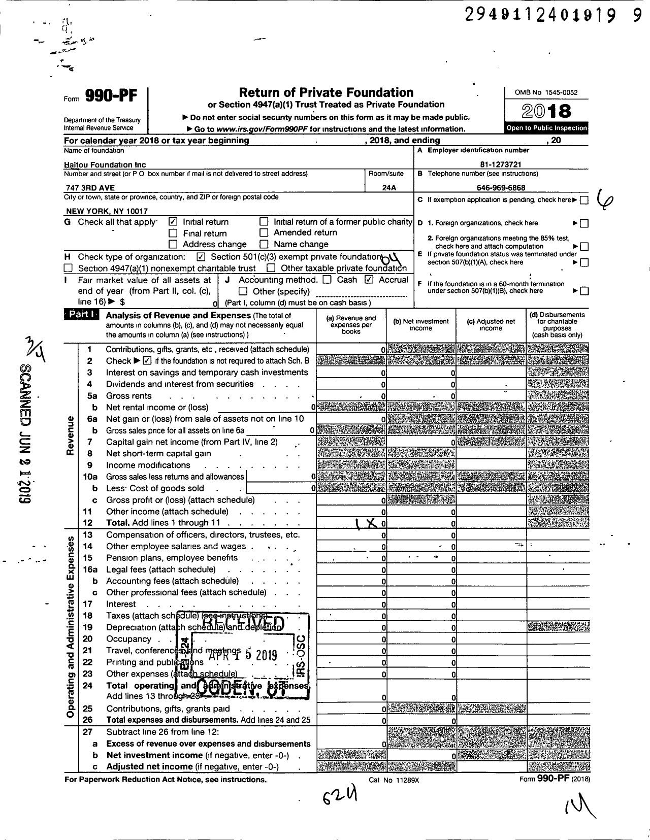 Image of first page of 2018 Form 990PF for Hi2 Foundation