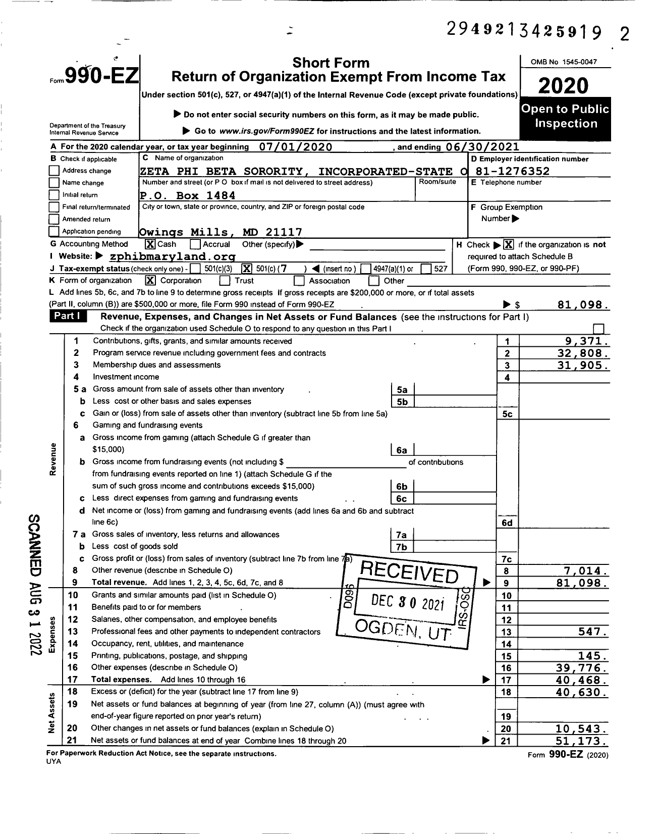 Image of first page of 2020 Form 990EO for Zeta Phi Beta Sorority Incorporated-State of MD