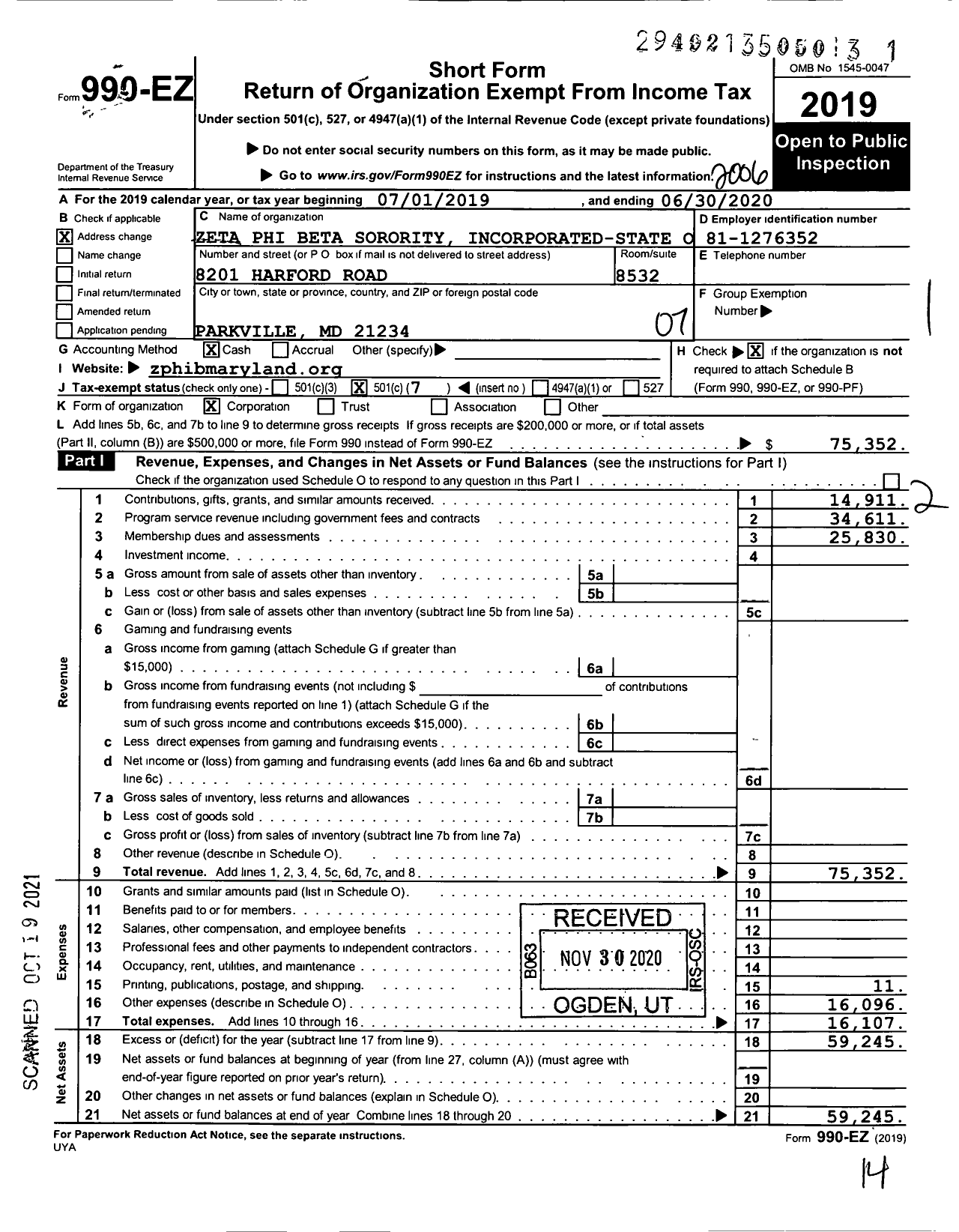 Image of first page of 2019 Form 990EO for Zeta Phi Beta Sorority Incorporated-State of MD