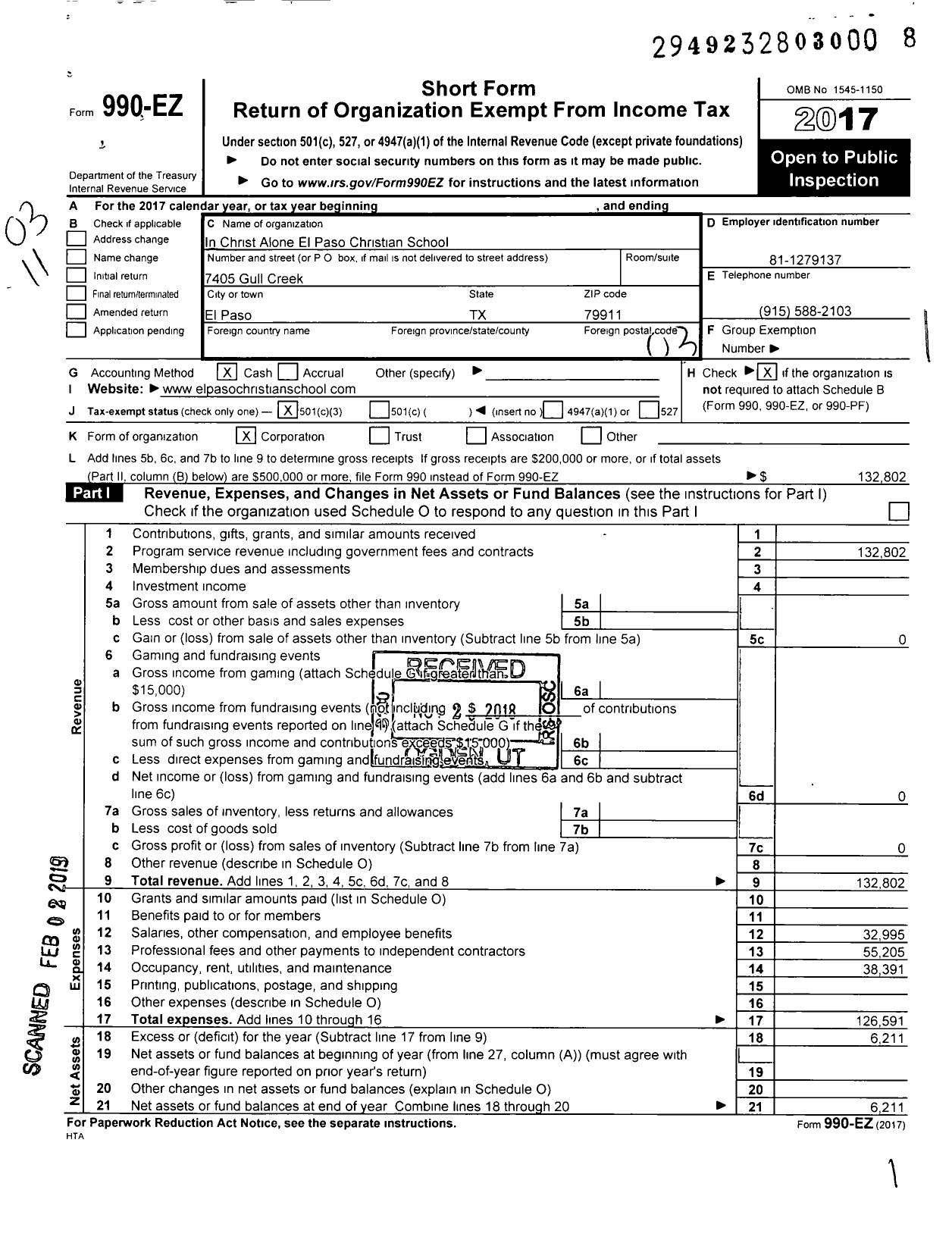 Image of first page of 2017 Form 990EZ for In Christ Alone El Paso Christian School