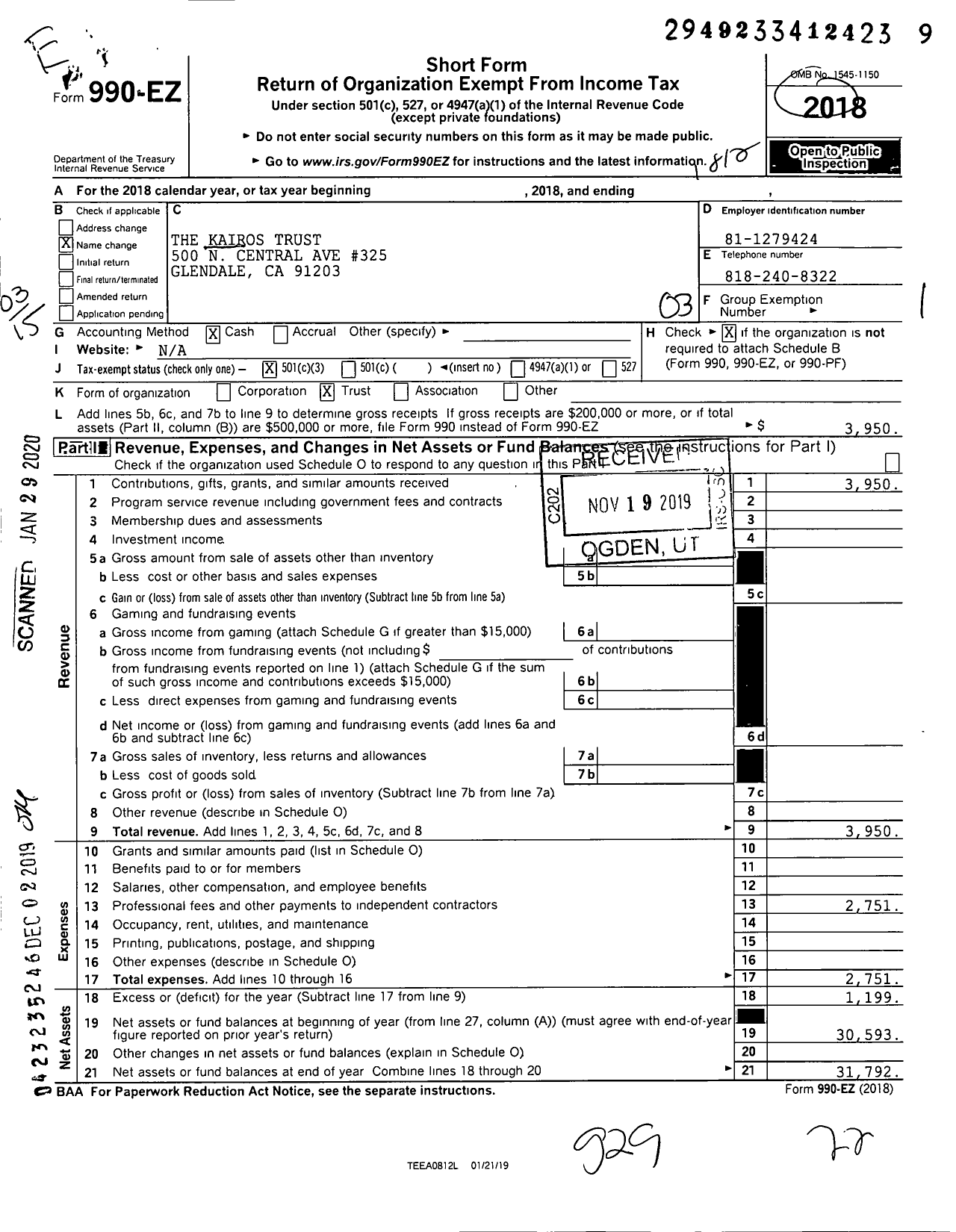 Image of first page of 2018 Form 990EZ for The Kairos Trust