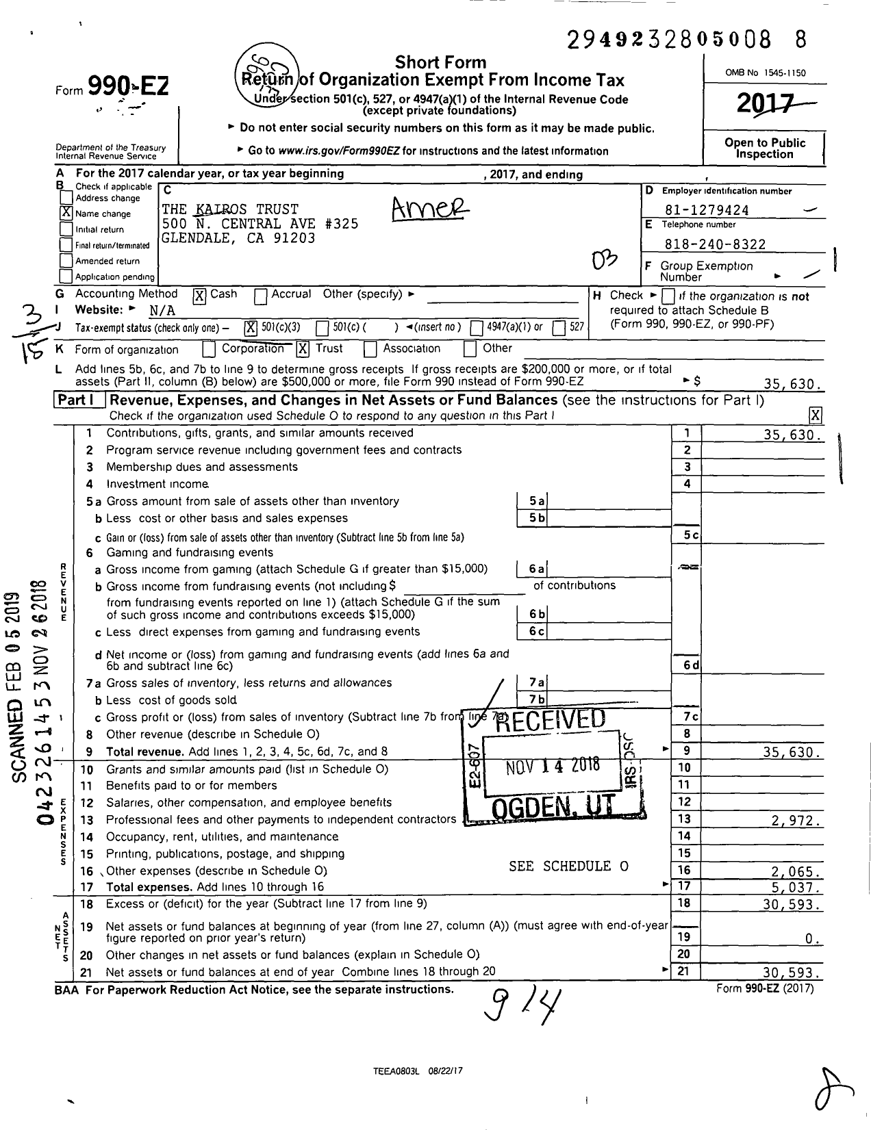 Image of first page of 2017 Form 990EZ for The Kairos Trust