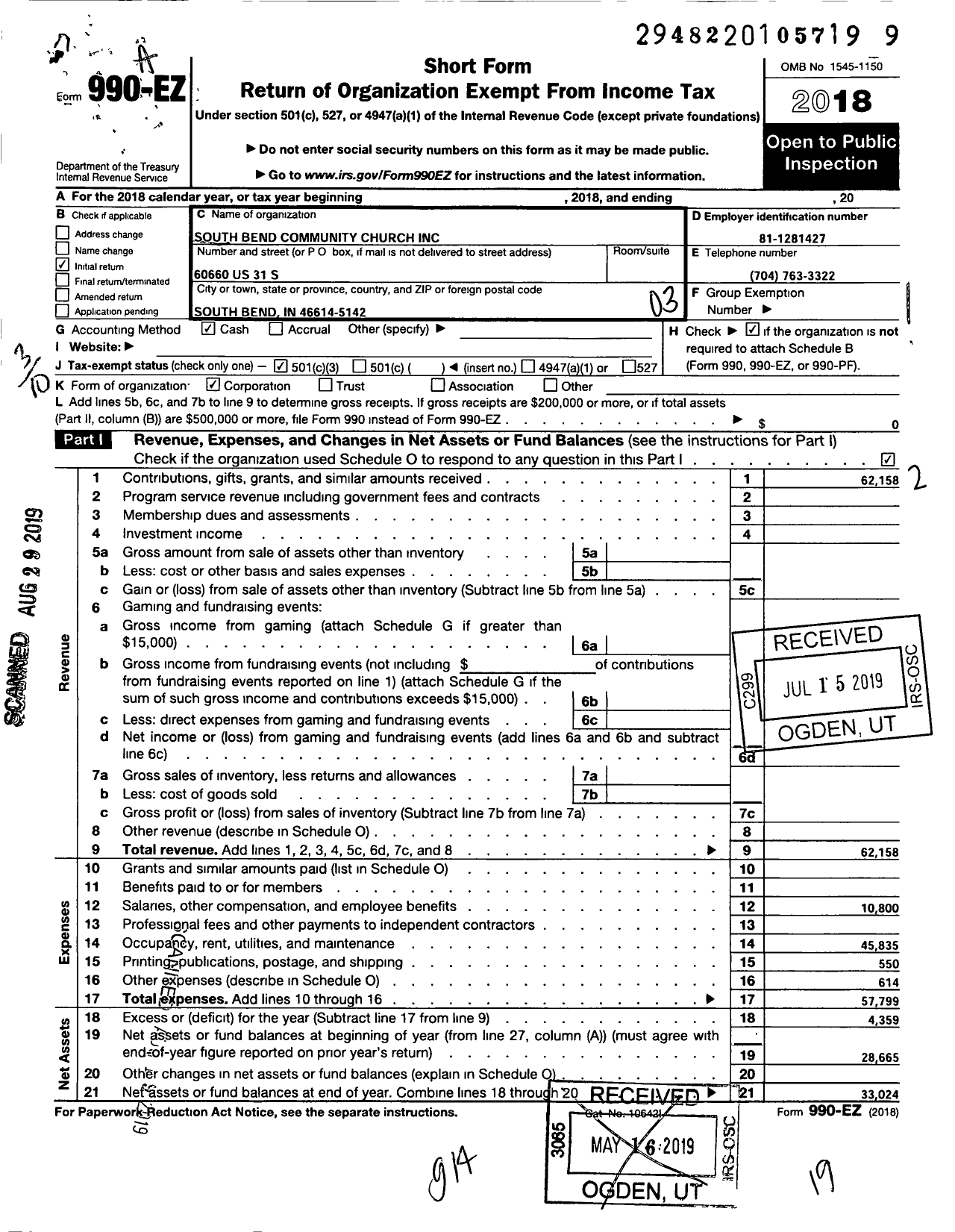 Image of first page of 2018 Form 990EZ for South Bend Community Church