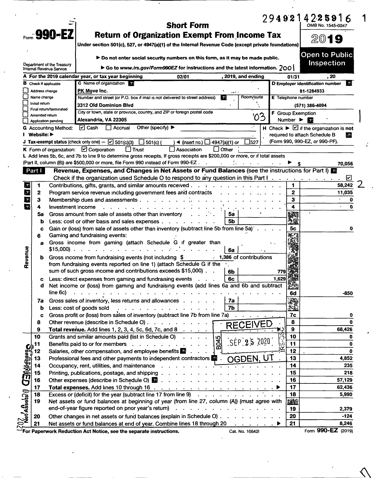 Image of first page of 2019 Form 990EZ for PK Move