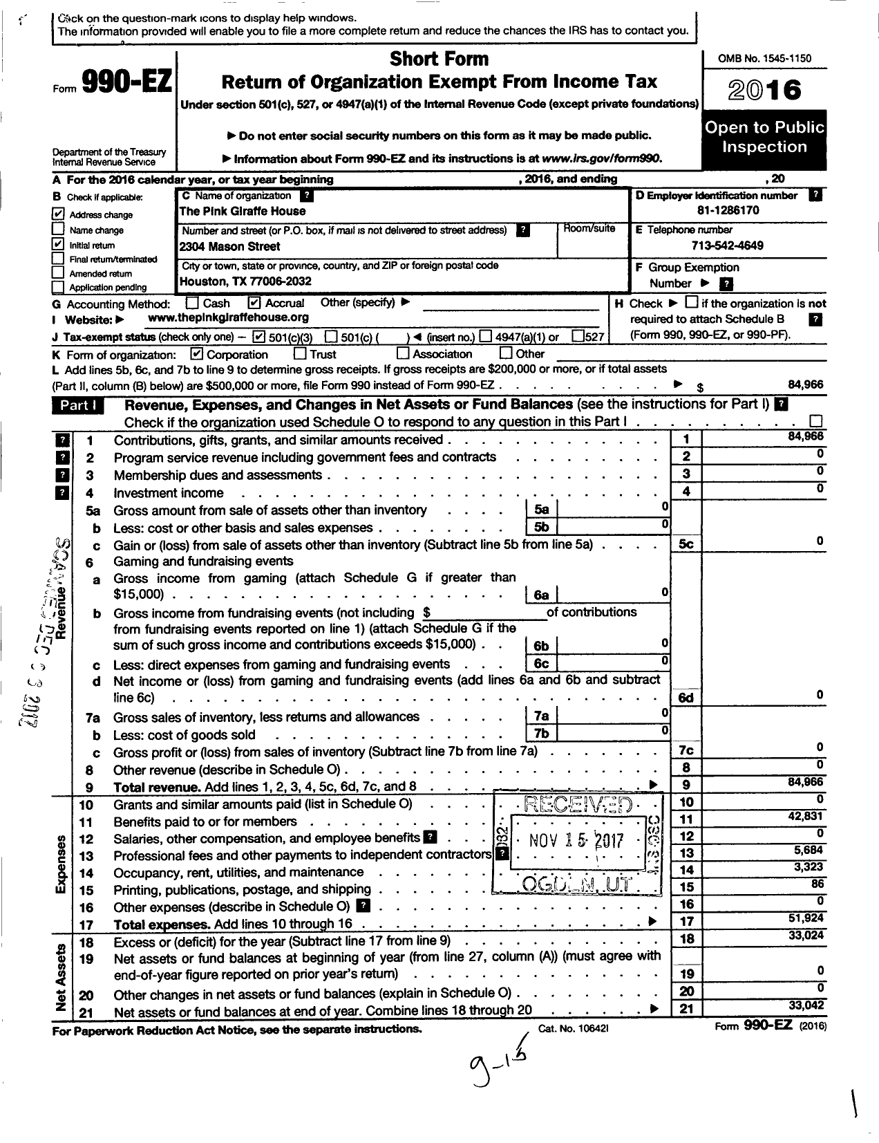 Image of first page of 2016 Form 990EZ for Pink Giraffe House