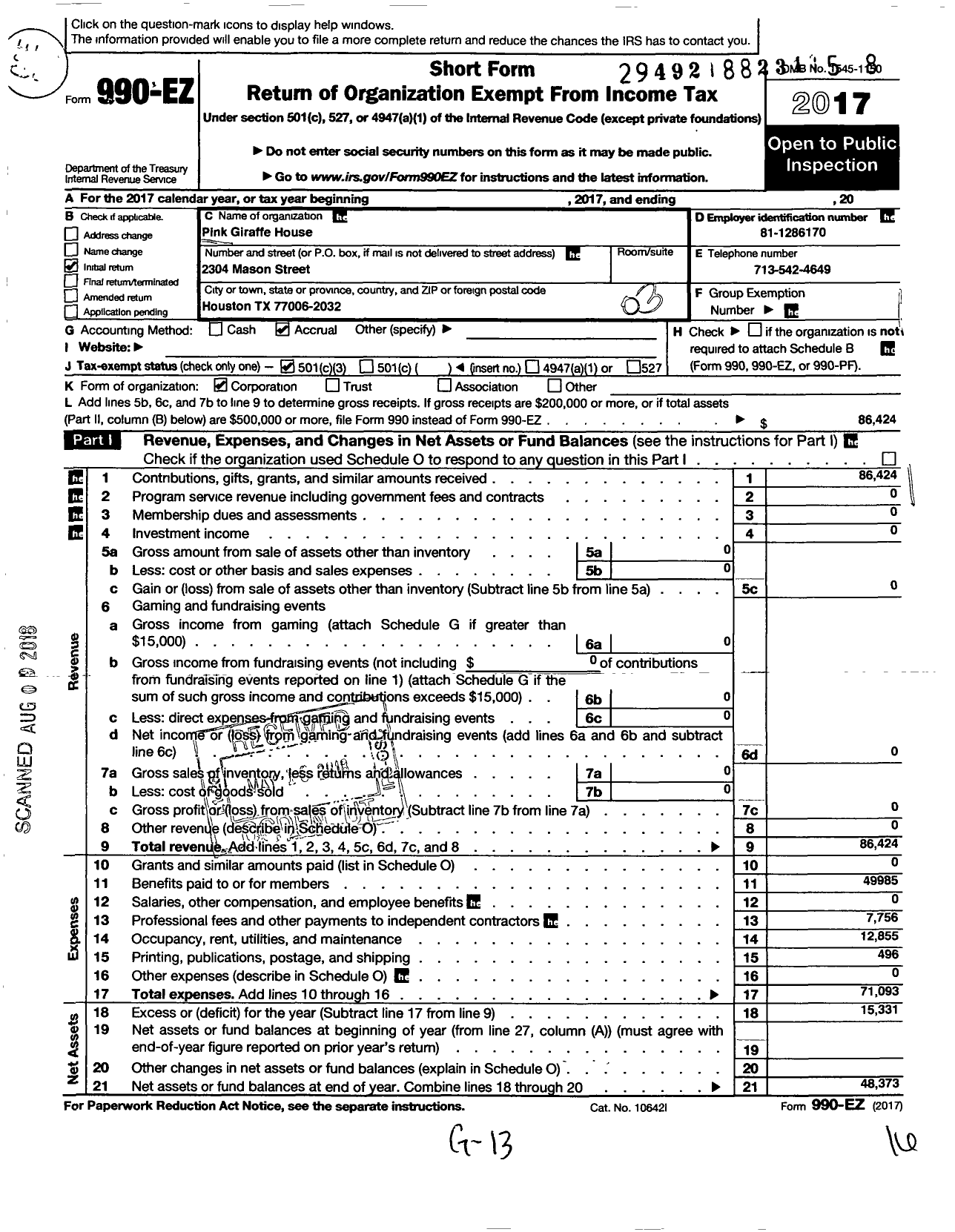 Image of first page of 2017 Form 990EZ for Pink Giraffe House