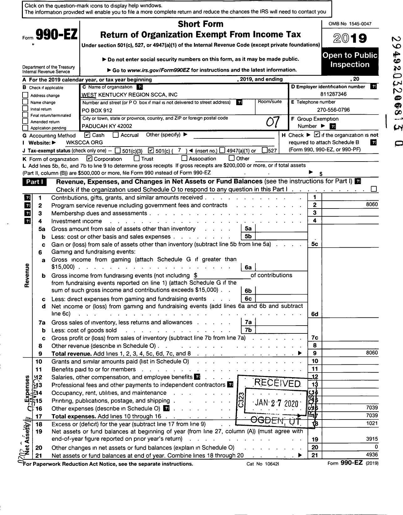 Image of first page of 2019 Form 990EO for West Kentucky Region Scca