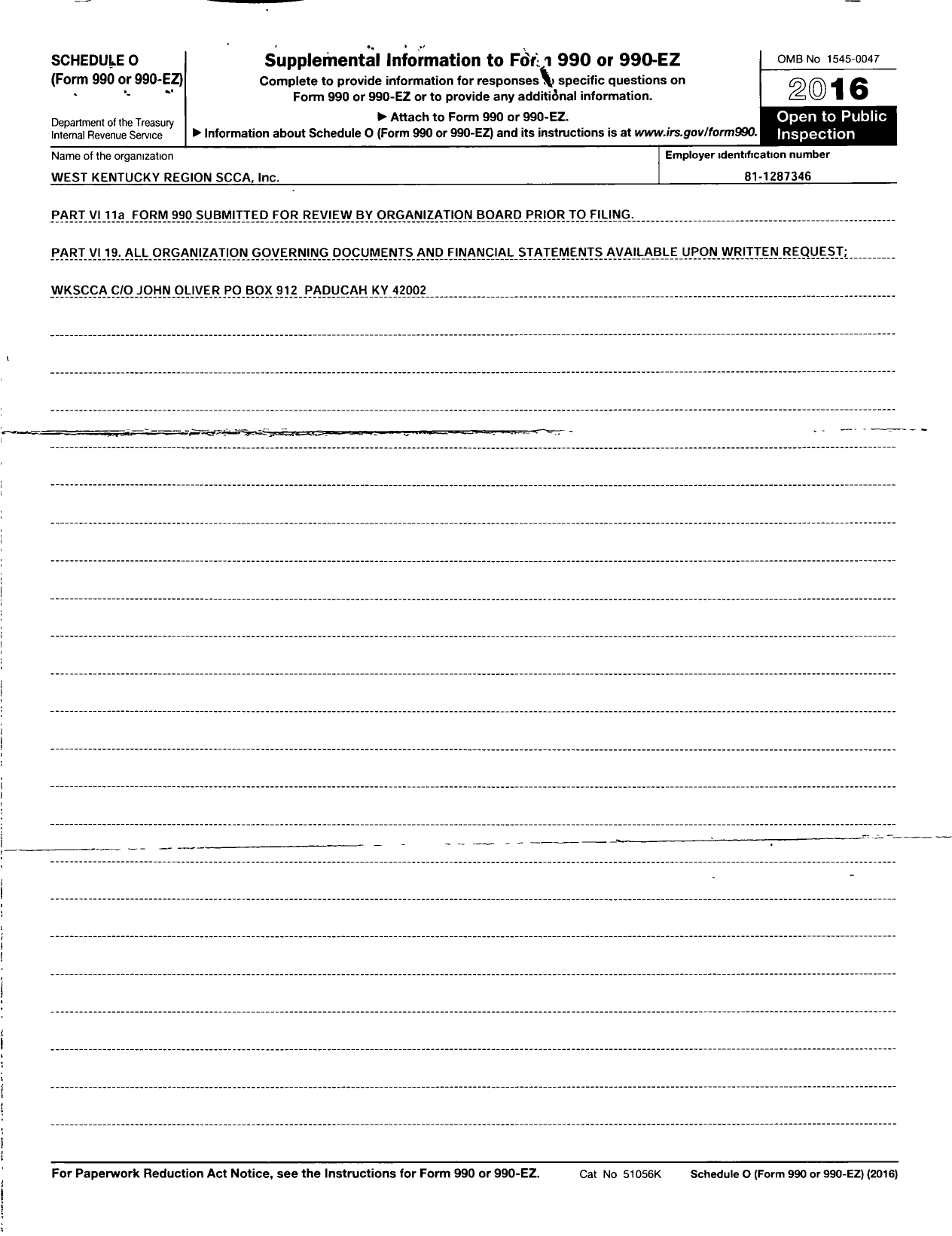 Image of first page of 2016 Form 990R for West Kentucky Region Scca