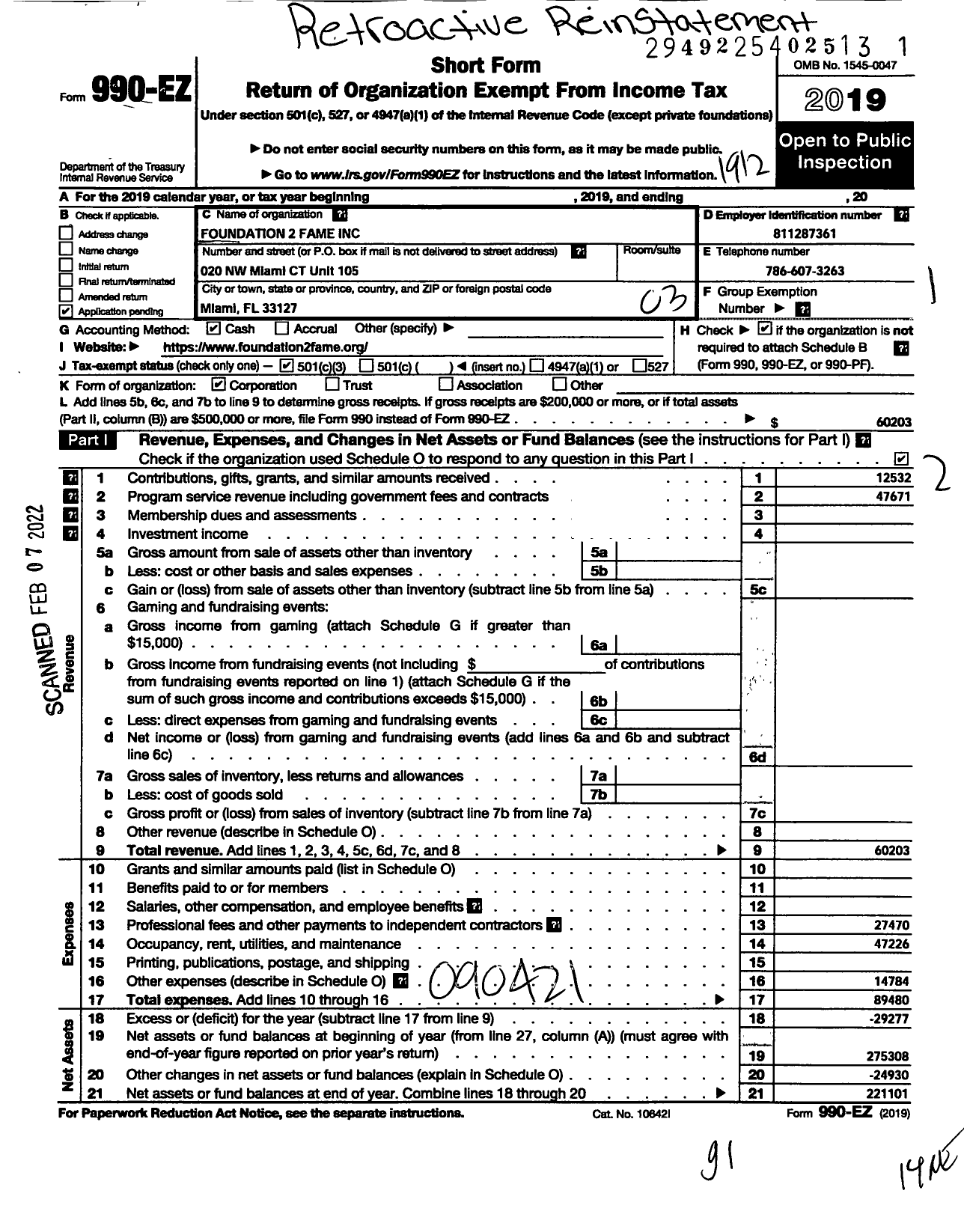 Image of first page of 2019 Form 990EZ for Foundation 2 Fame