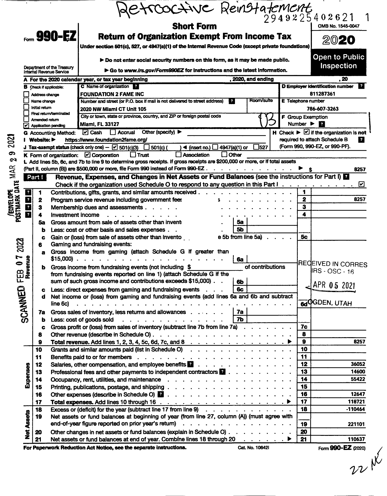 Image of first page of 2020 Form 990EZ for Foundation 2 Fame