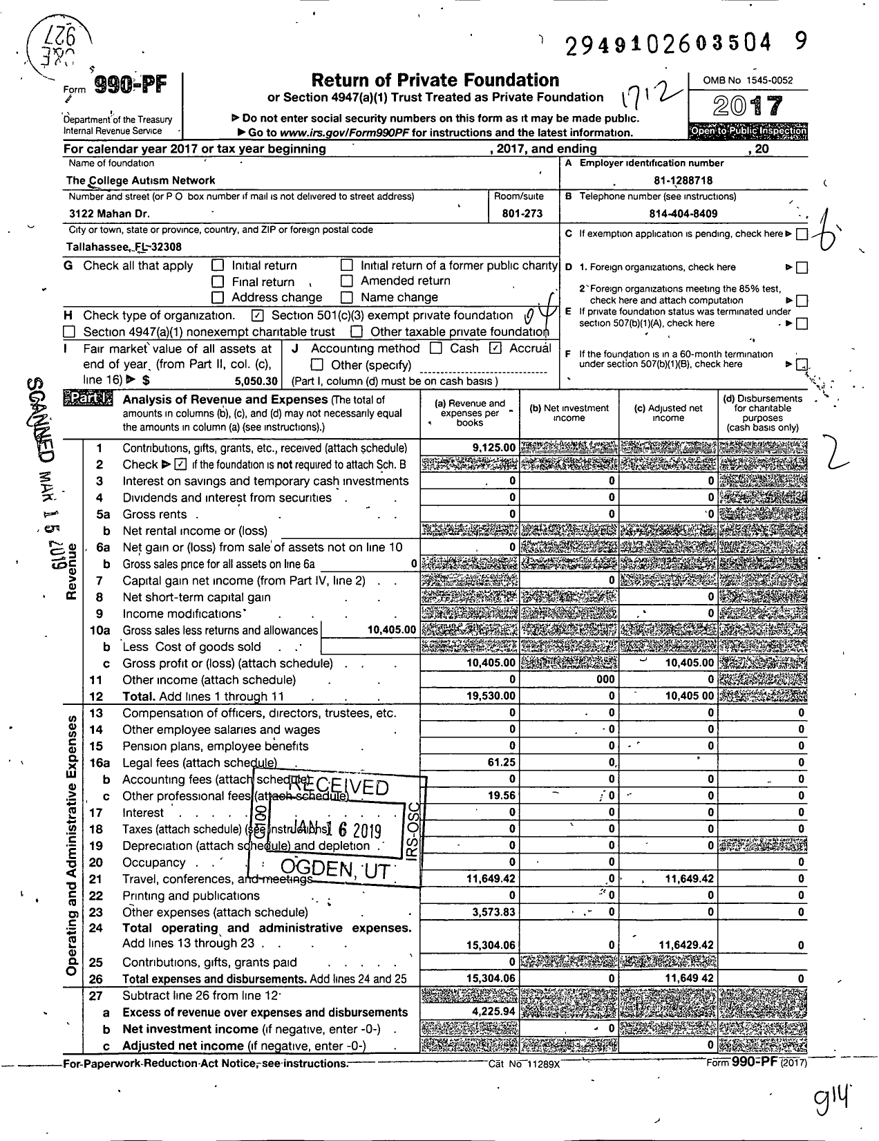 Image of first page of 2017 Form 990PF for College Autism Network