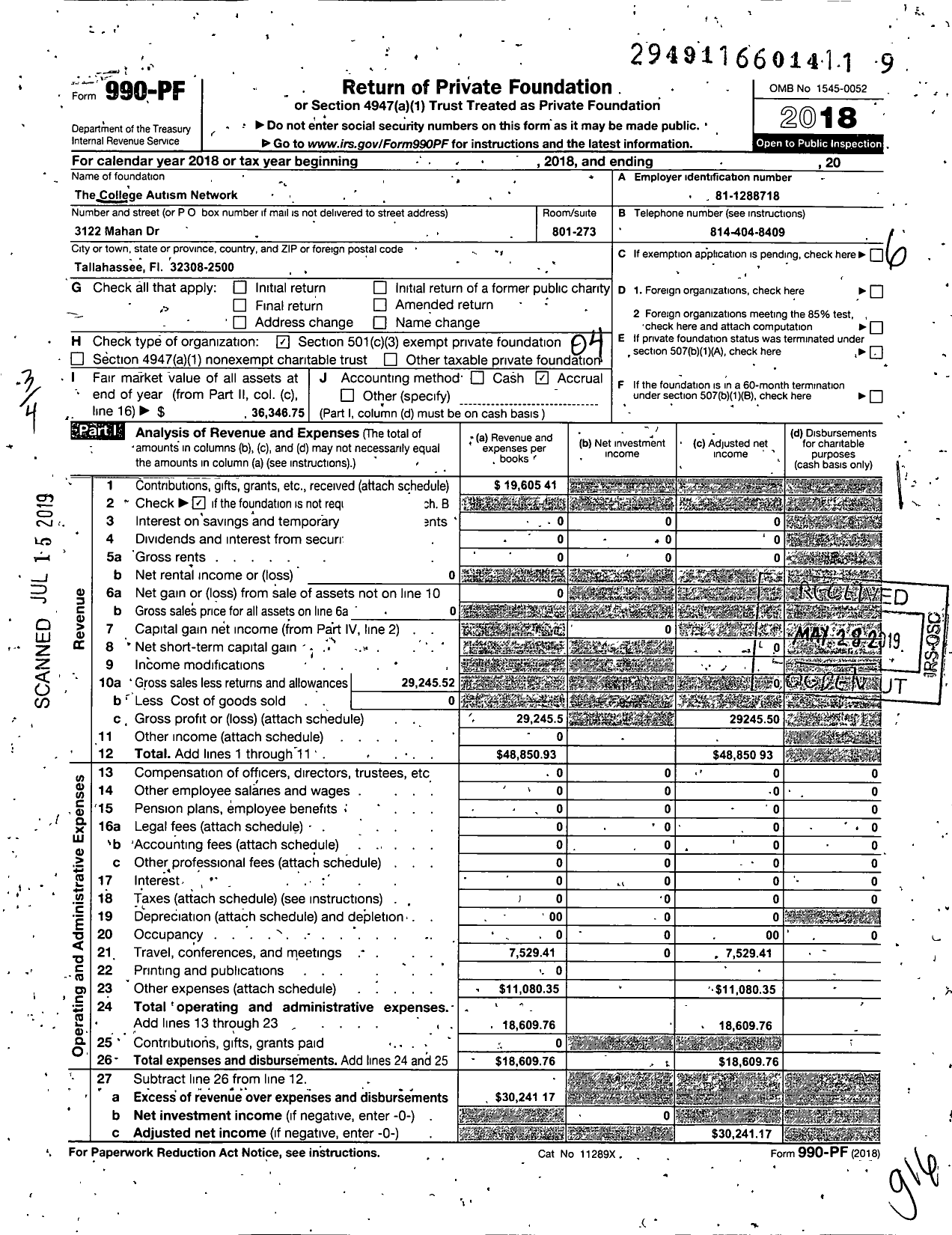 Image of first page of 2018 Form 990PF for College Autism Network