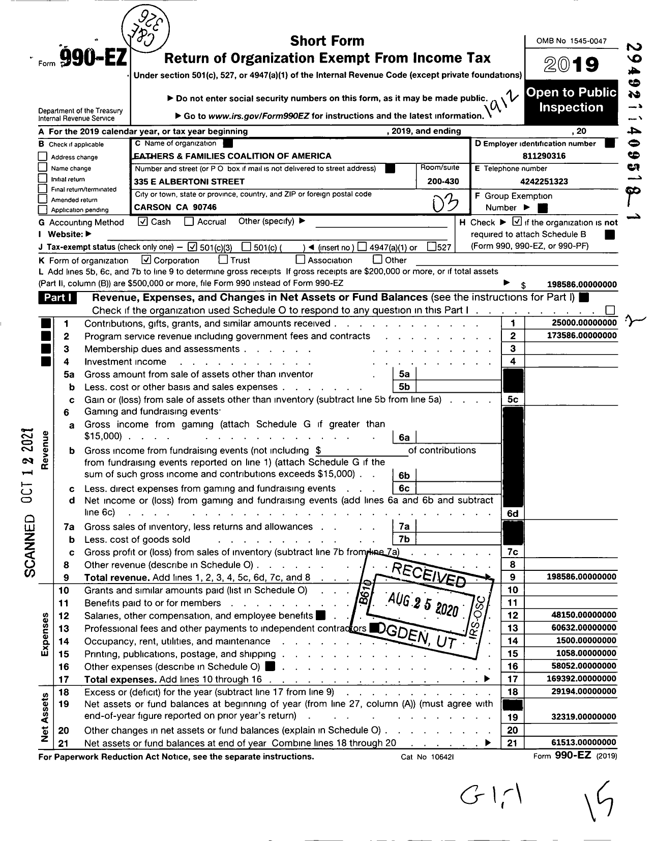 Image of first page of 2019 Form 990EZ for Fathers and Families Coalition of America