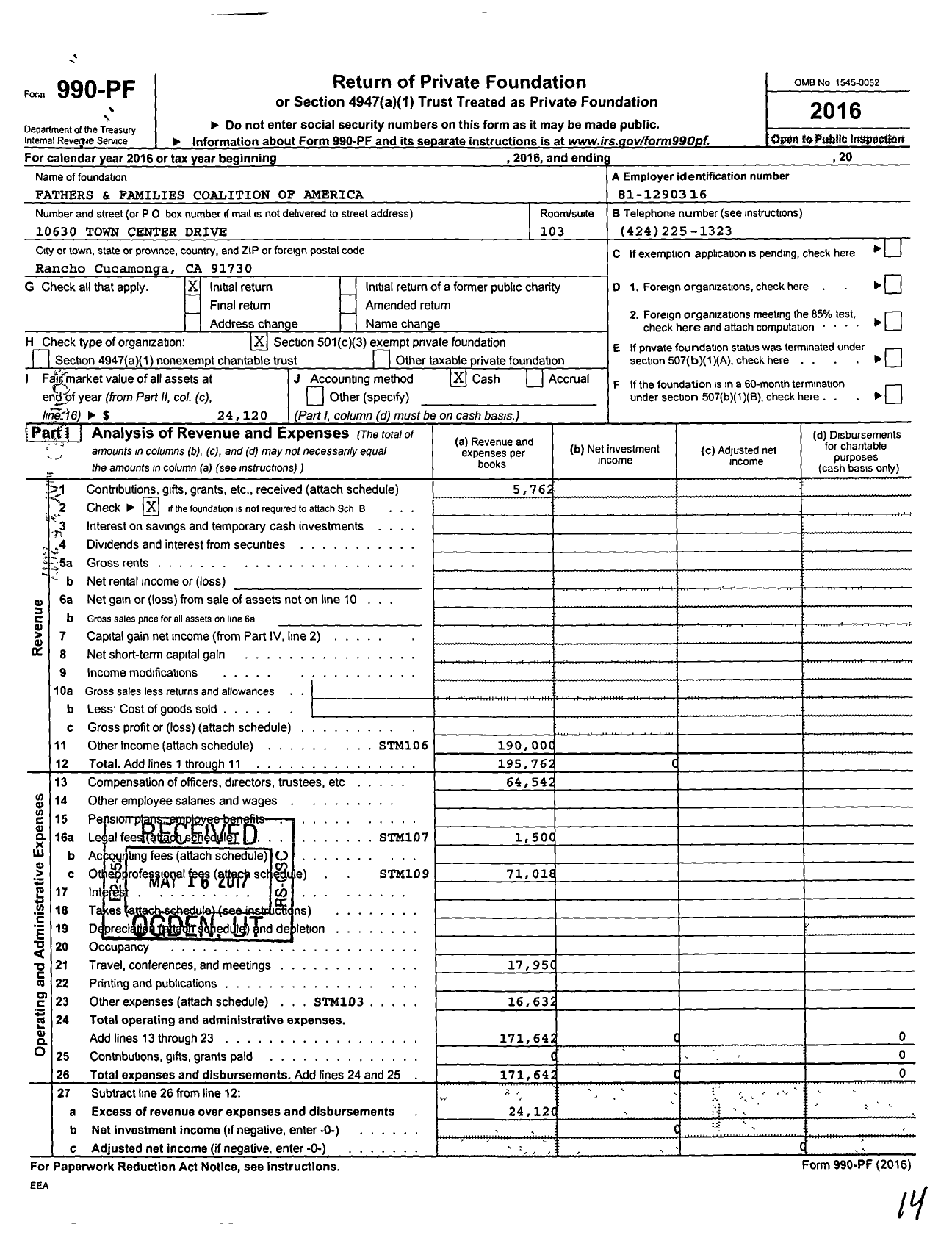 Image of first page of 2016 Form 990PF for Fathers and Families Coalition of America