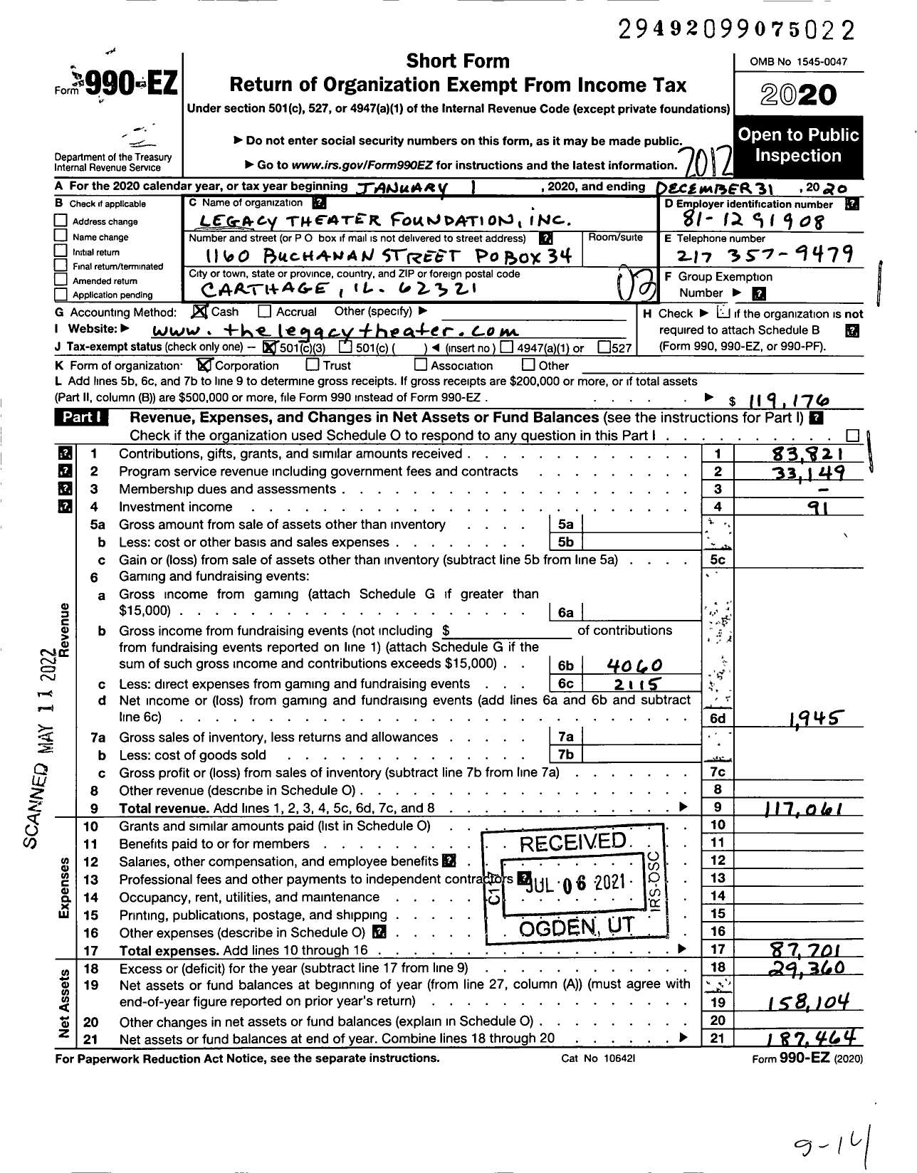 Image of first page of 2020 Form 990EZ for Legacy Theater Foundation