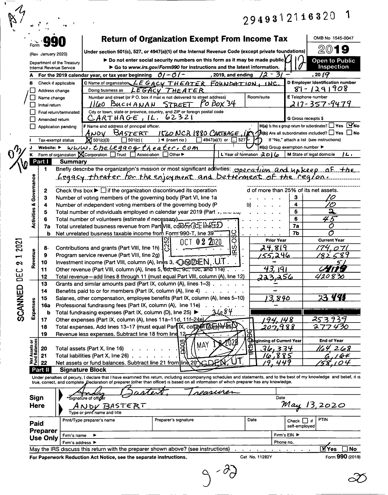 Image of first page of 2019 Form 990 for Legacy Theater Foundation