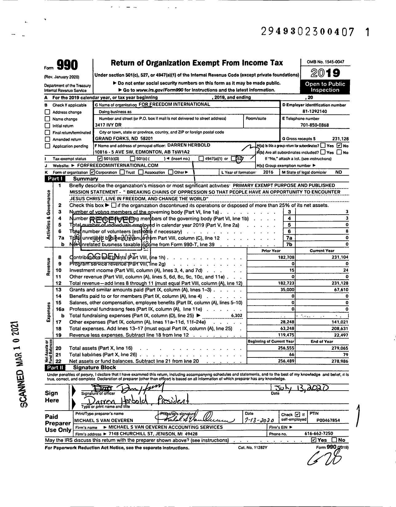 Image of first page of 2019 Form 990 for For Freedom International