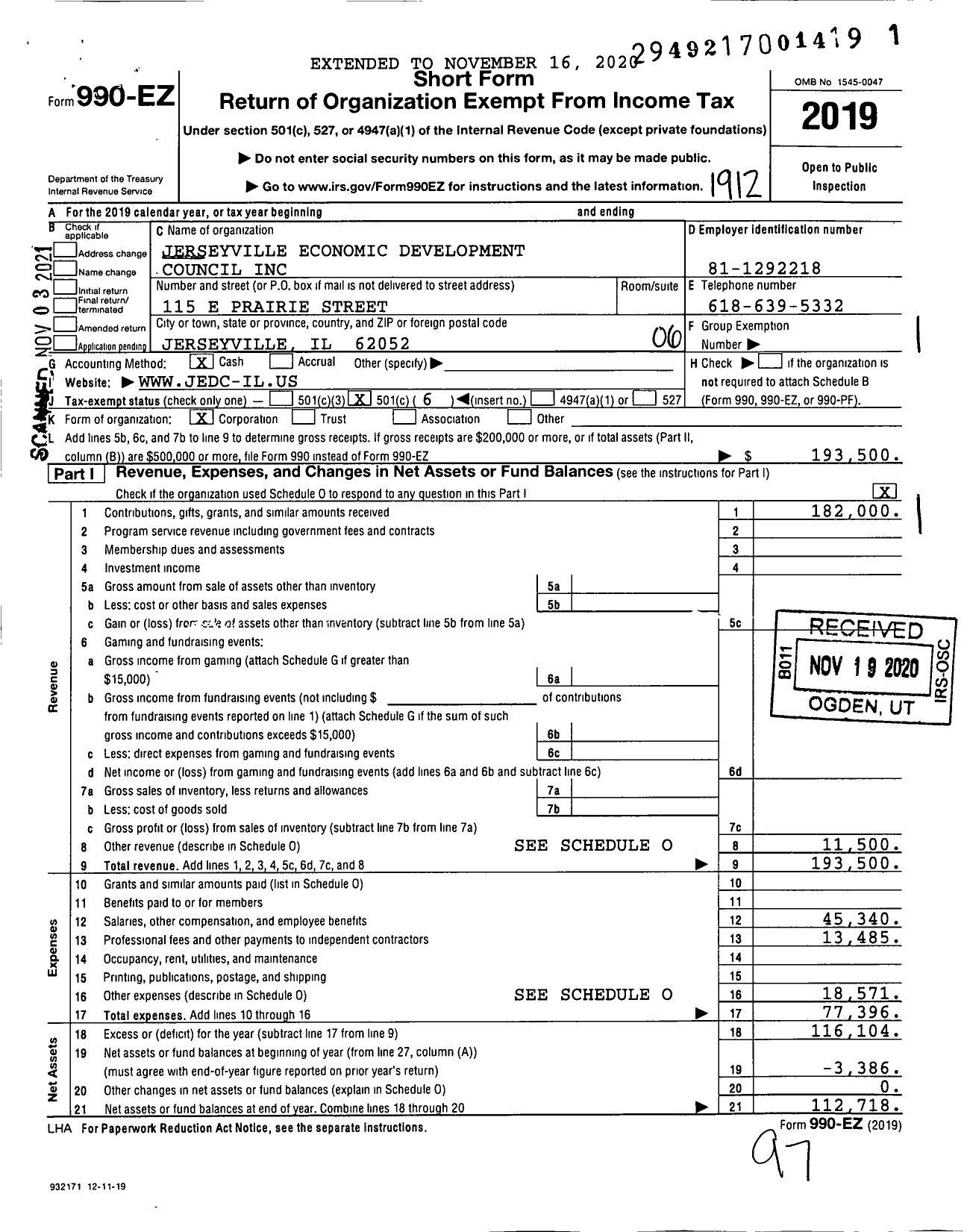 Image of first page of 2019 Form 990EO for Jerseyville Economic Development Council