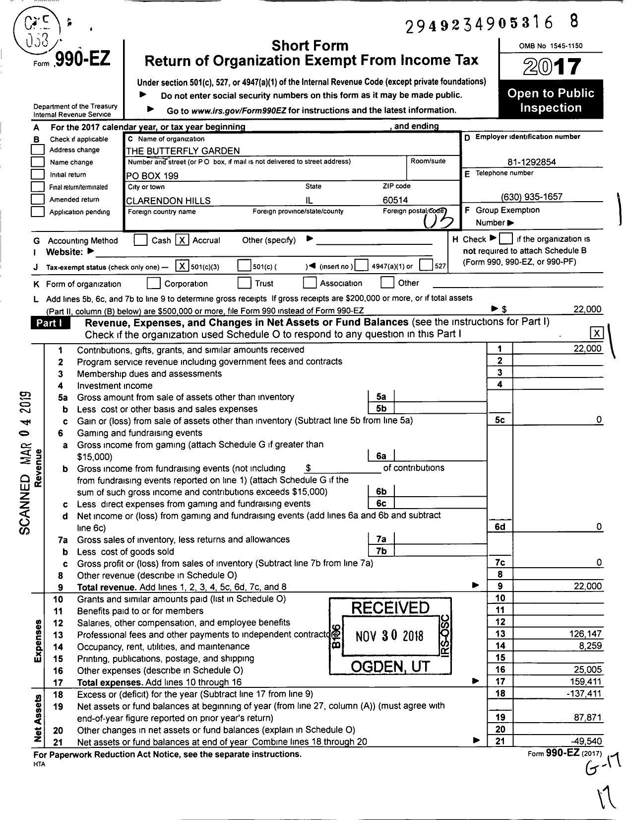 Image of first page of 2017 Form 990EZ for The Butterfly Garden NFP
