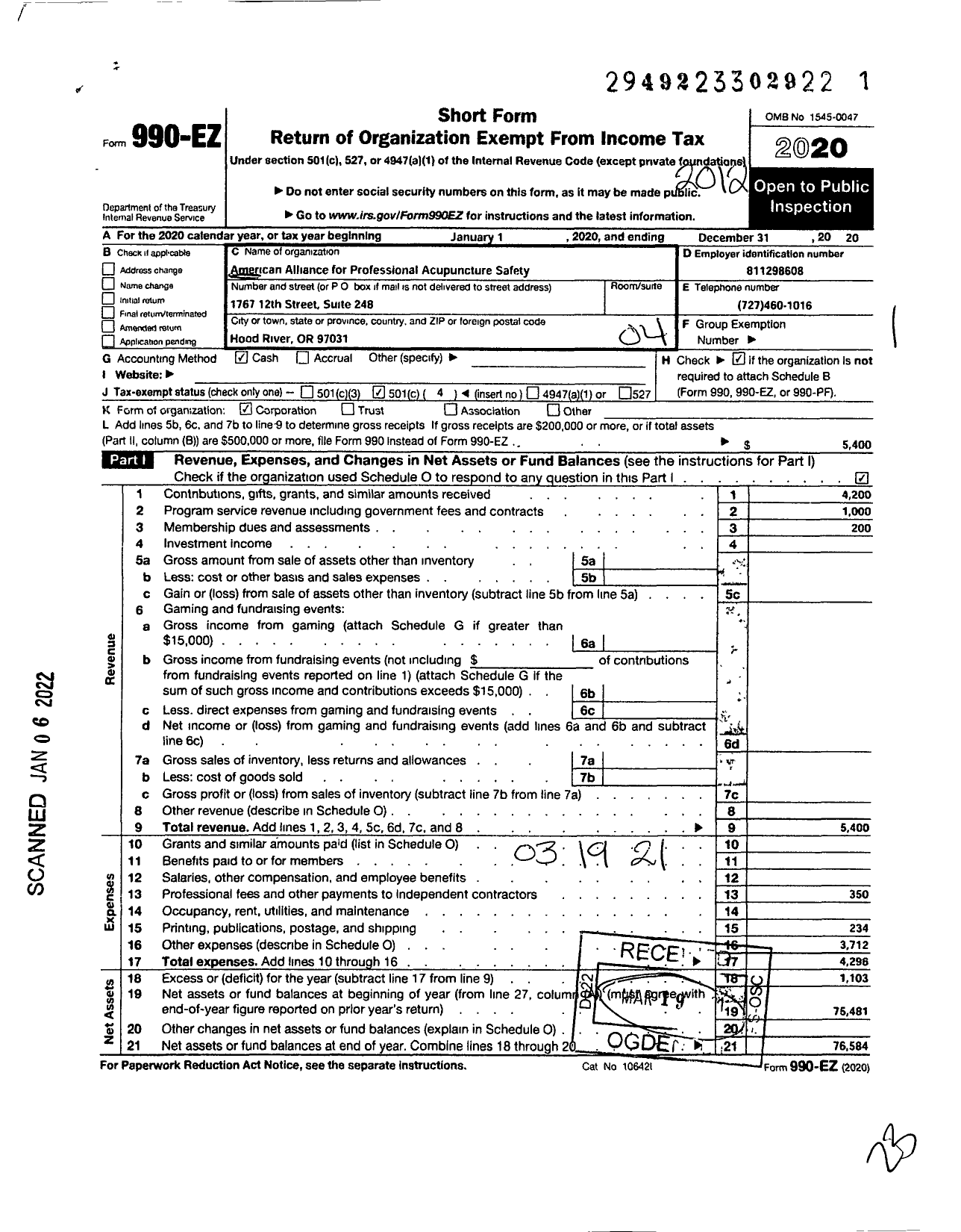 Image of first page of 2020 Form 990EO for American Alliance for Professional Acupuncture and Safety