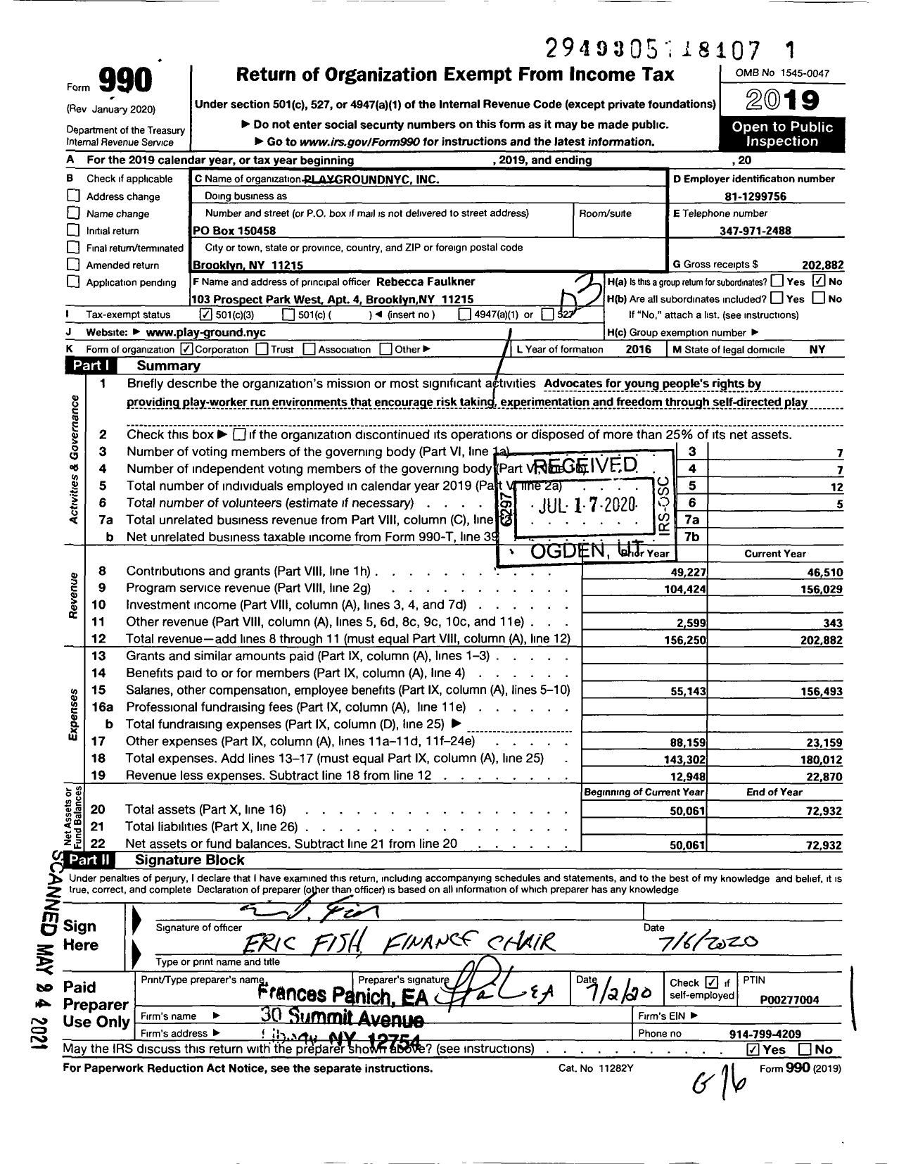 Image of first page of 2019 Form 990 for Play Groundnyc