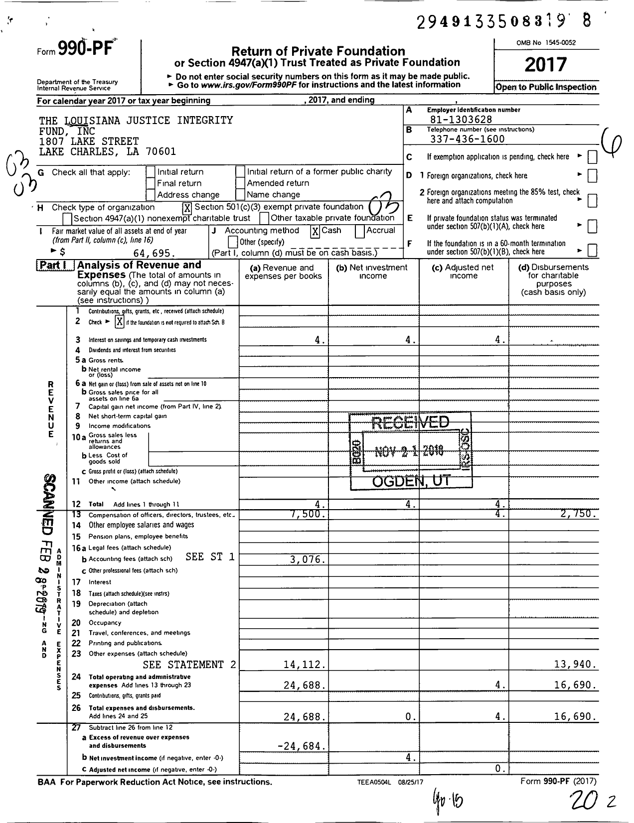 Image of first page of 2017 Form 990PF for The Louisiana Justice Integrity Fund