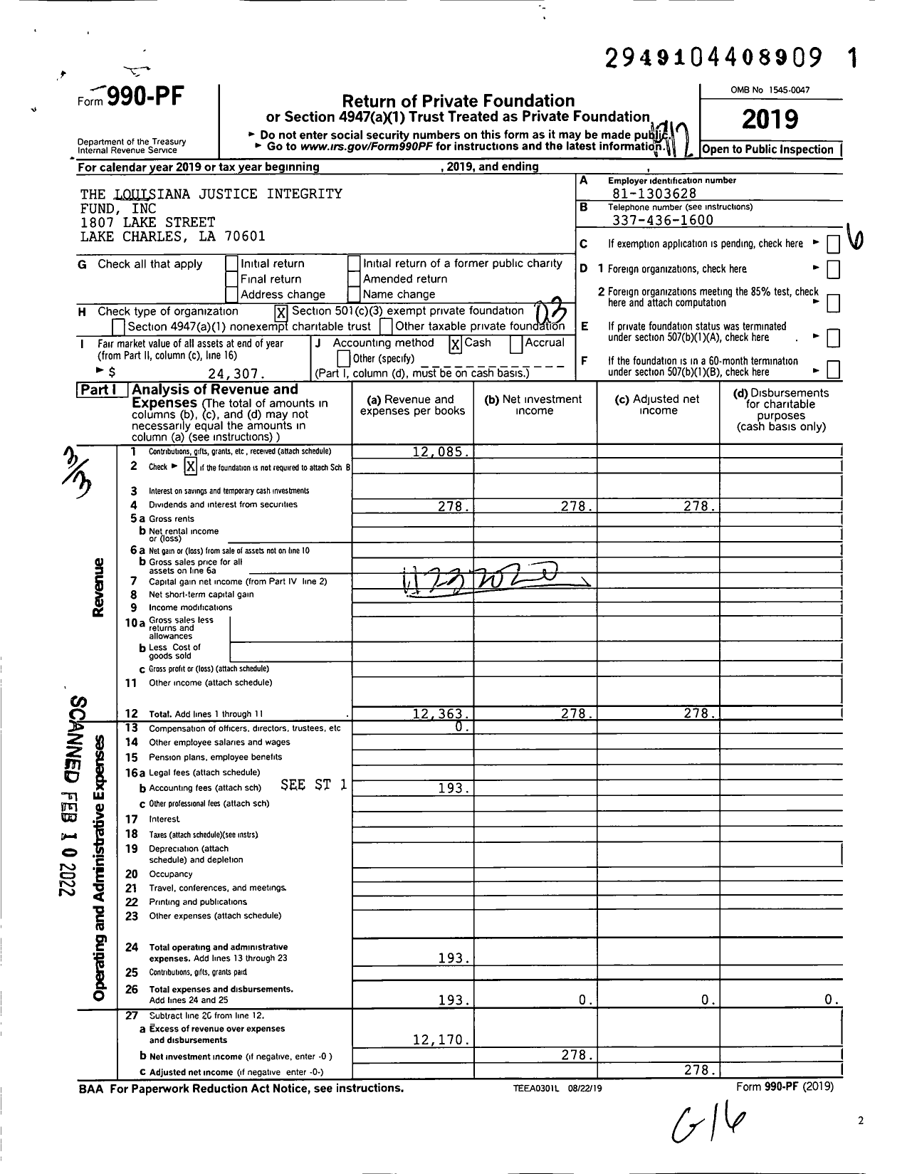 Image of first page of 2019 Form 990PF for The Louisiana Justice Integrity Fund