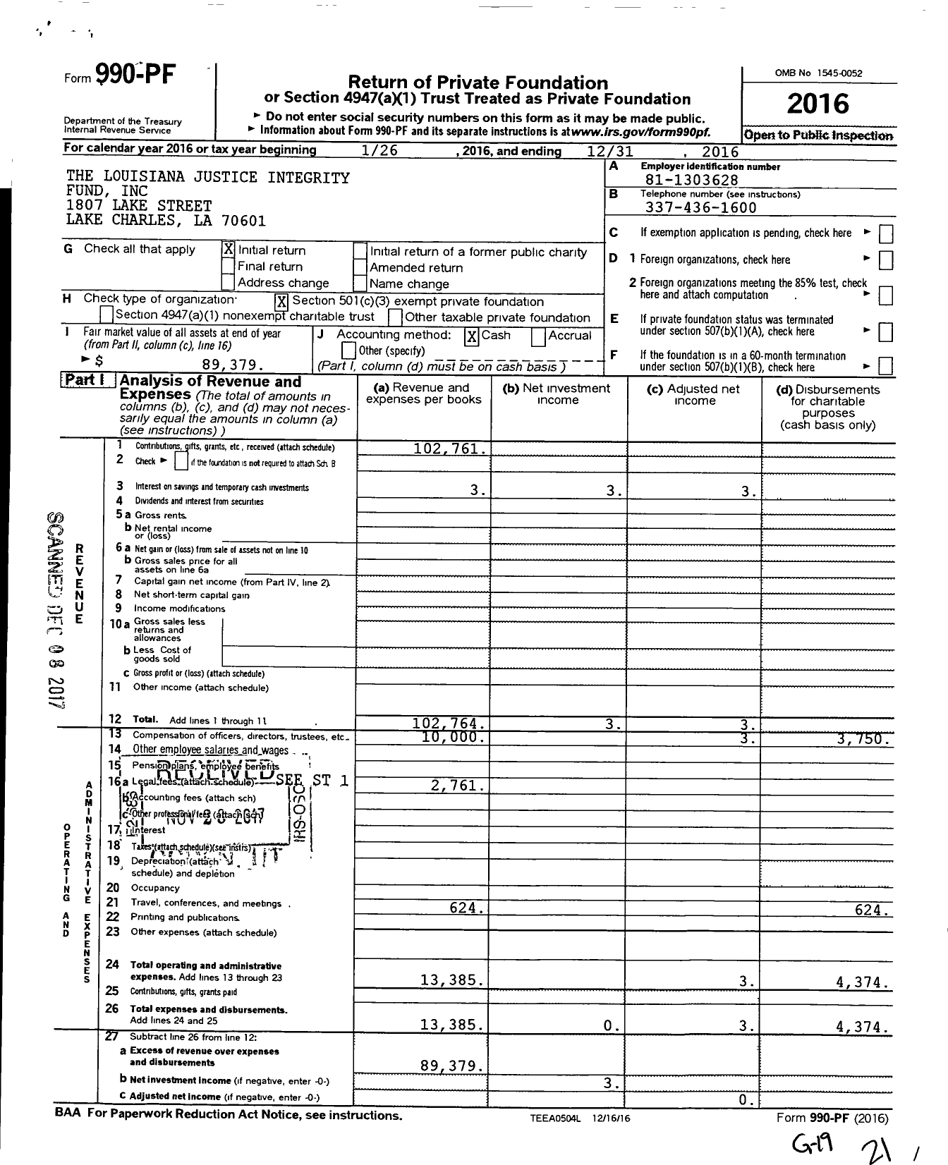 Image of first page of 2016 Form 990PF for The Louisiana Justice Integrity Fund