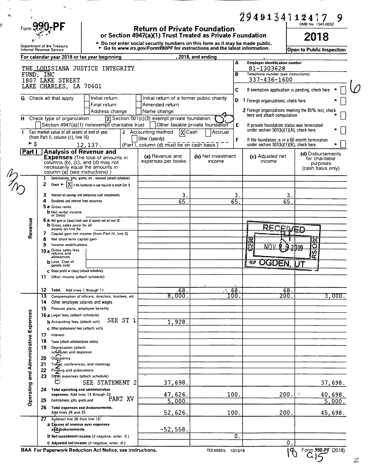 Image of first page of 2018 Form 990PF for The Louisiana Justice Integrity Fund