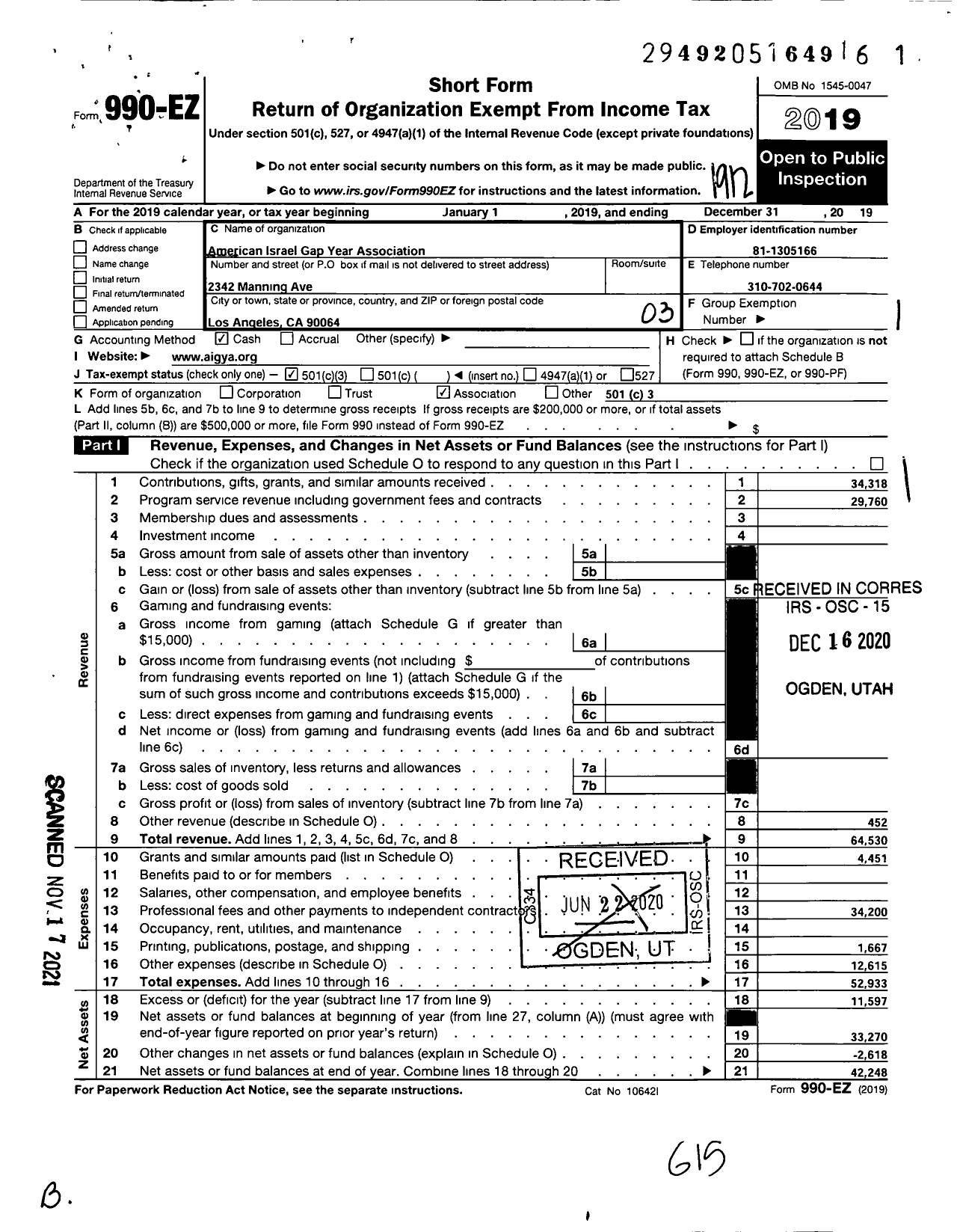 Image of first page of 2019 Form 990EZ for American Israel Gap Year Association (AIGYA)