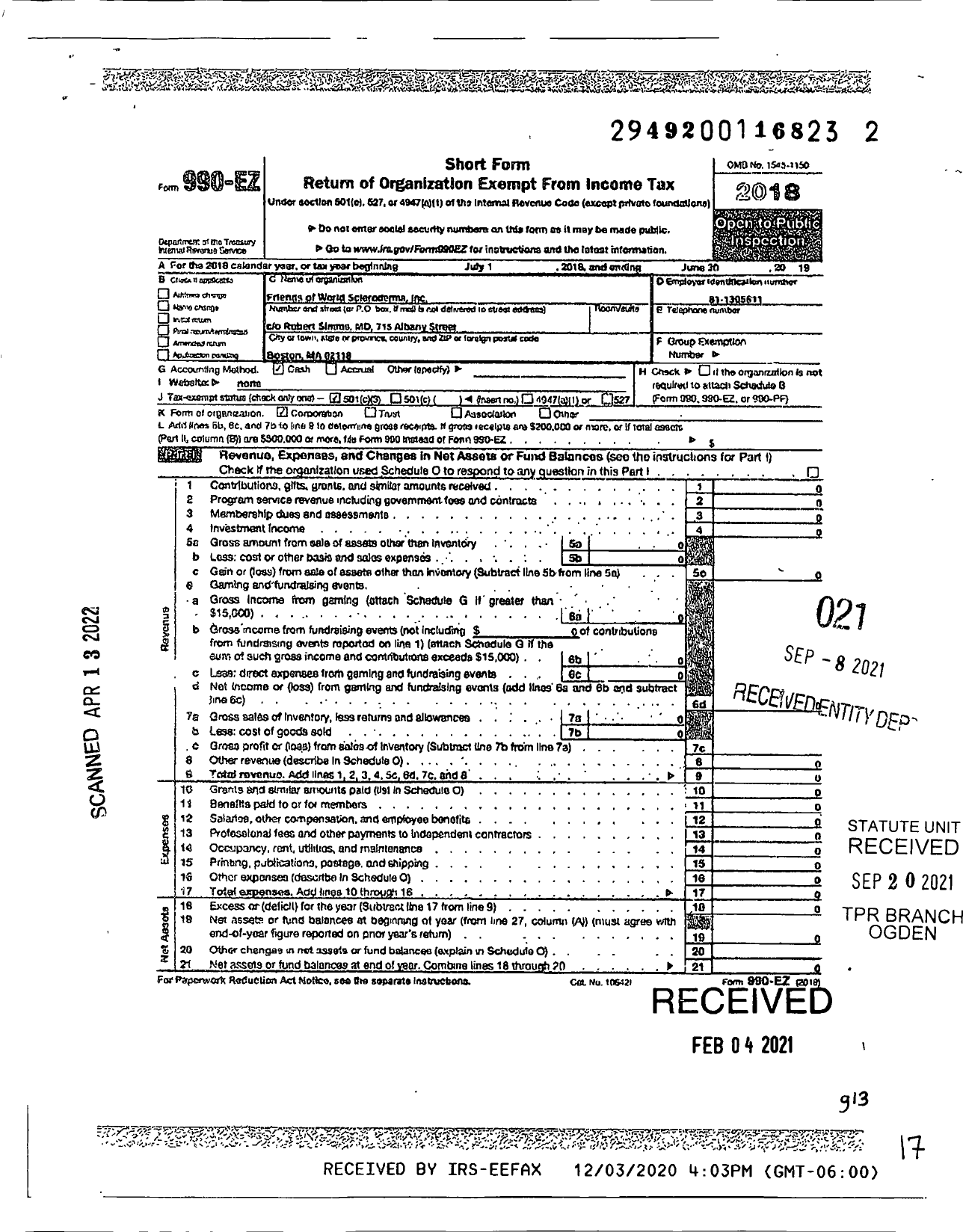 Image of first page of 2018 Form 990EZ for Friends of World Scleroderma Foundation